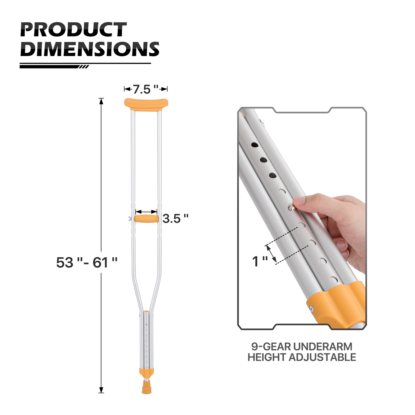 Aluminum Alloy Crutch - 9 Gears Height Adjustable - 5 Gears Grip Height Adjustable - 2PCS - Silver/Yellow