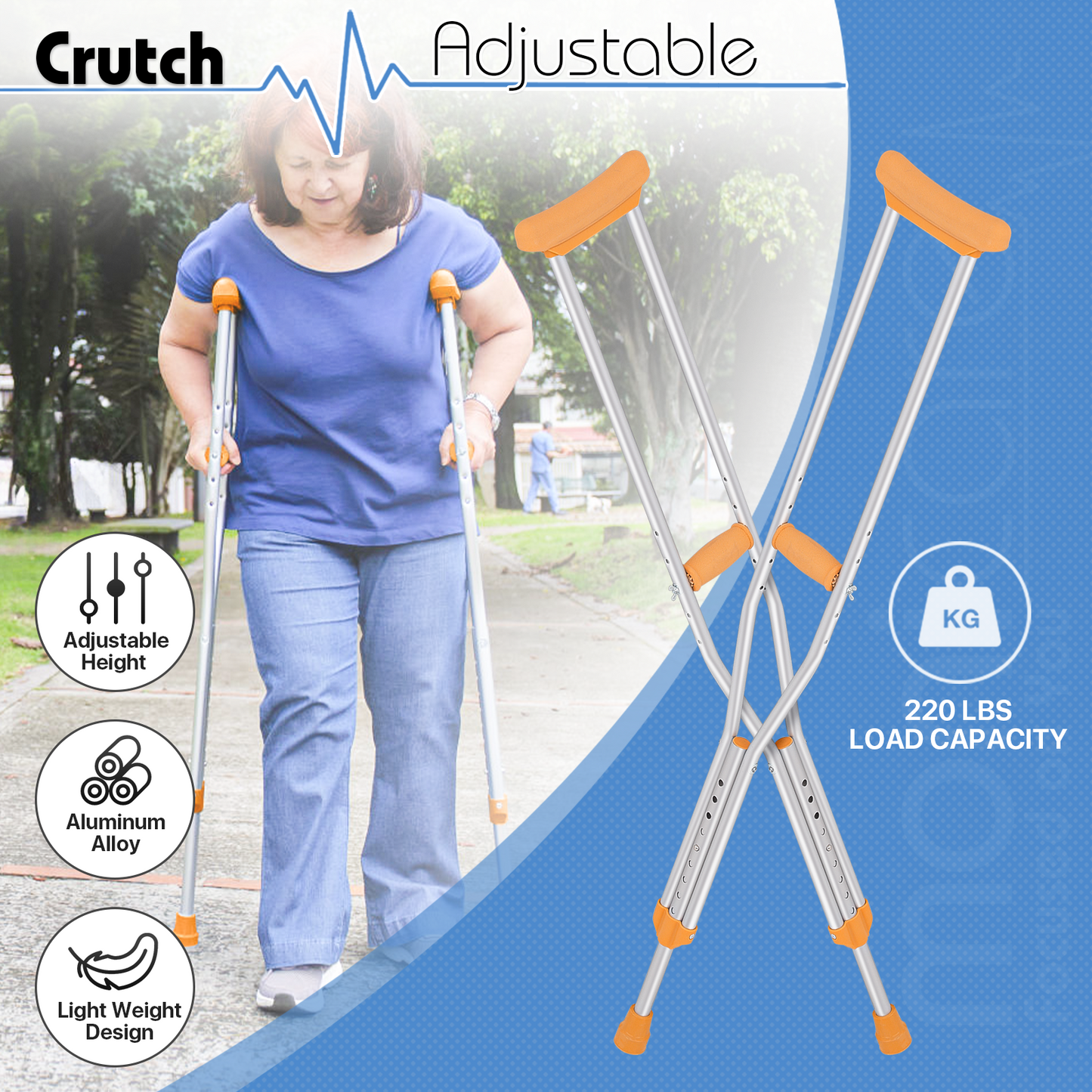 Aluminum Alloy Crutch - 9 Gears Height Adjustable - 5 Gears Grip Height Adjustable - 2PCS - Silver/Yellow