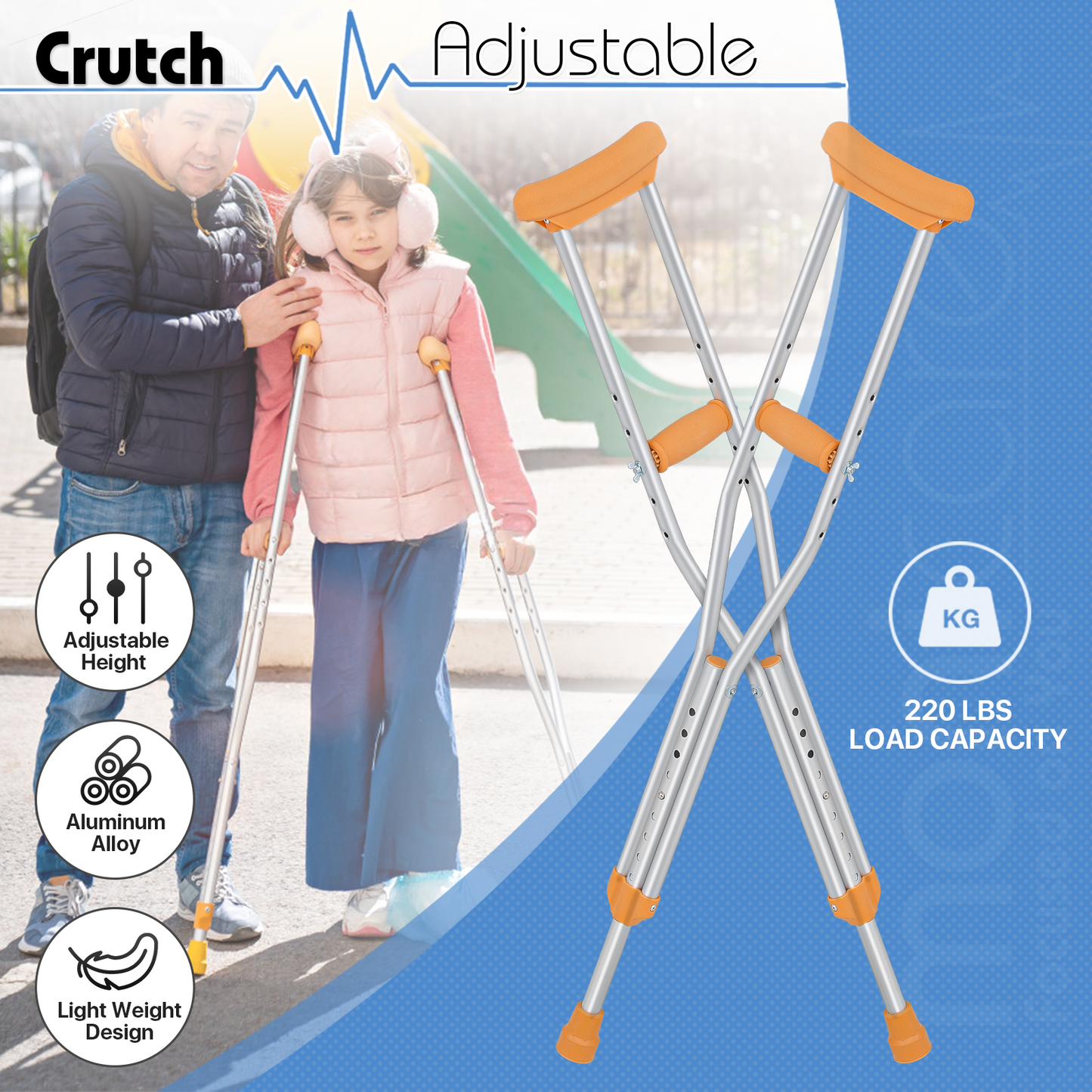 Aluminum Alloy Crutch - 9 Gears Height Adjustable - 5 Gears Grip Height Adjustable - 2PCS - Silver/Yellow