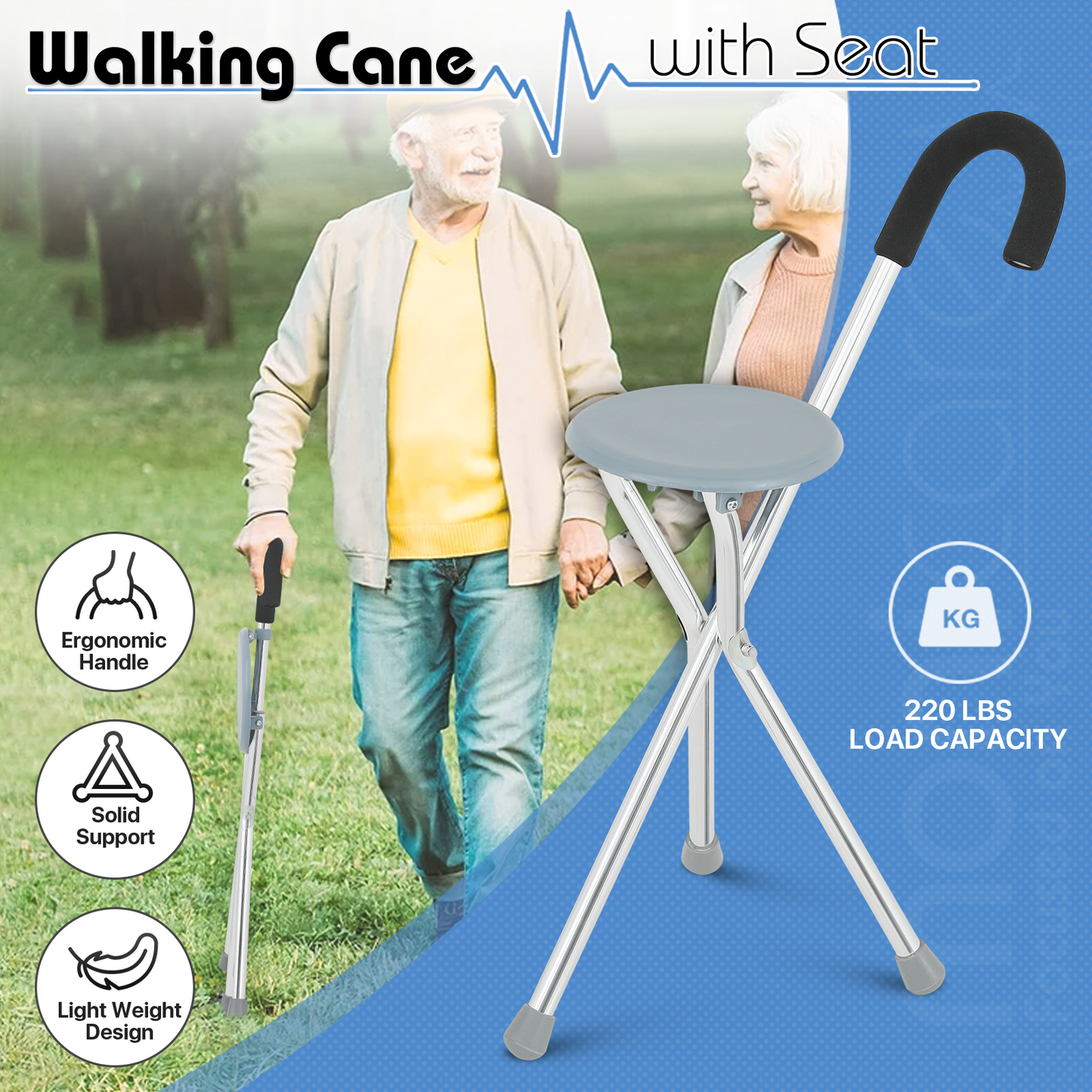 Foldable Cane with Seat - Aluminum Alloy Frame - PVC Seat - Silver/Gray
