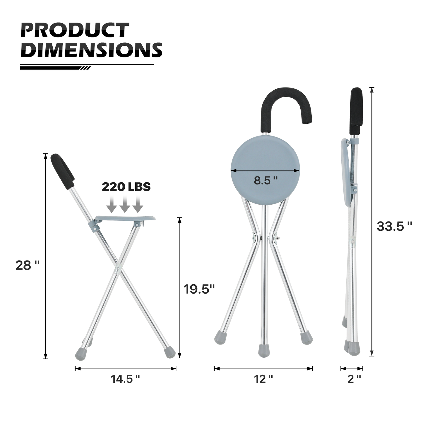 Foldable Cane with Seat - Aluminum Alloy Frame - PVC Seat - Silver/Gray