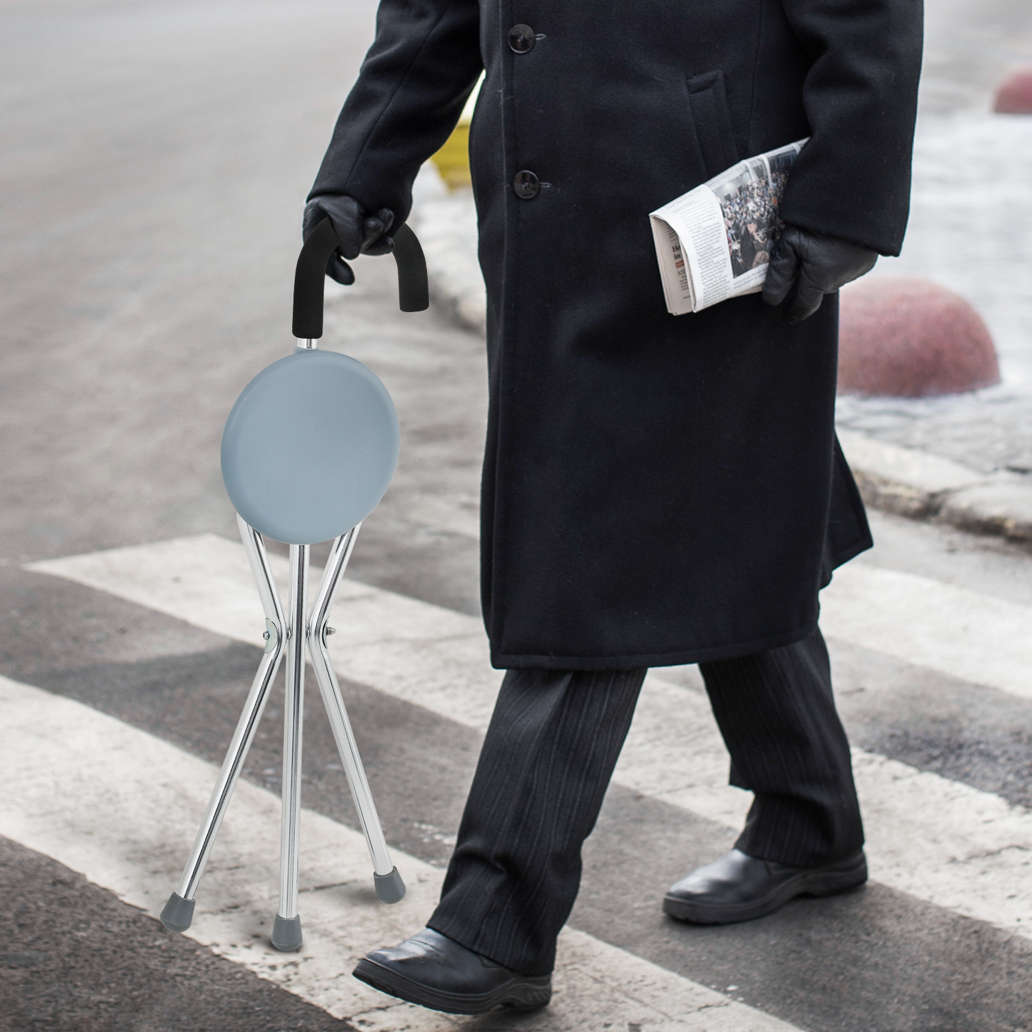 Foldable Cane with Seat - Aluminum Alloy Frame - PVC Seat - Silver/Gray