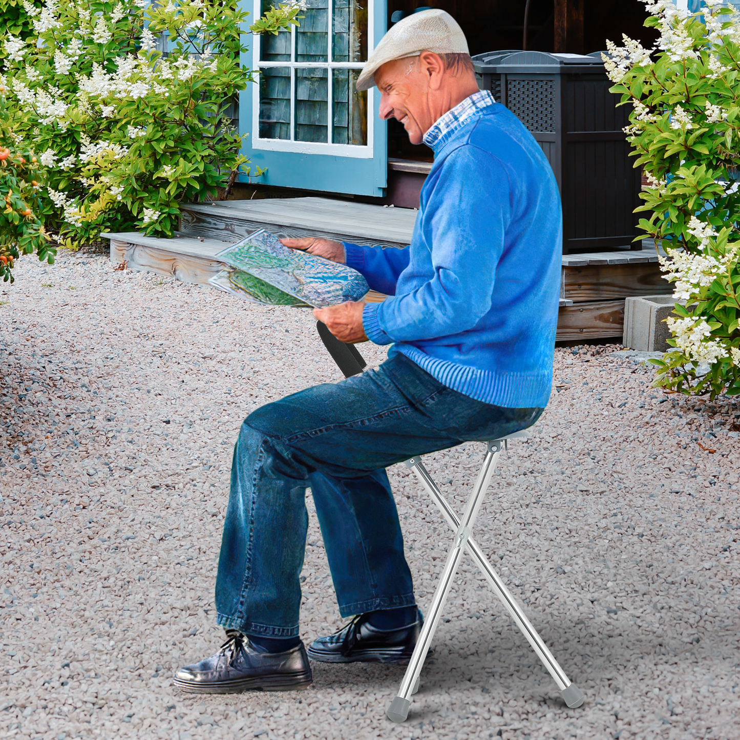 Foldable Cane with Seat - Aluminum Alloy Frame - PVC Seat - Silver/Gray