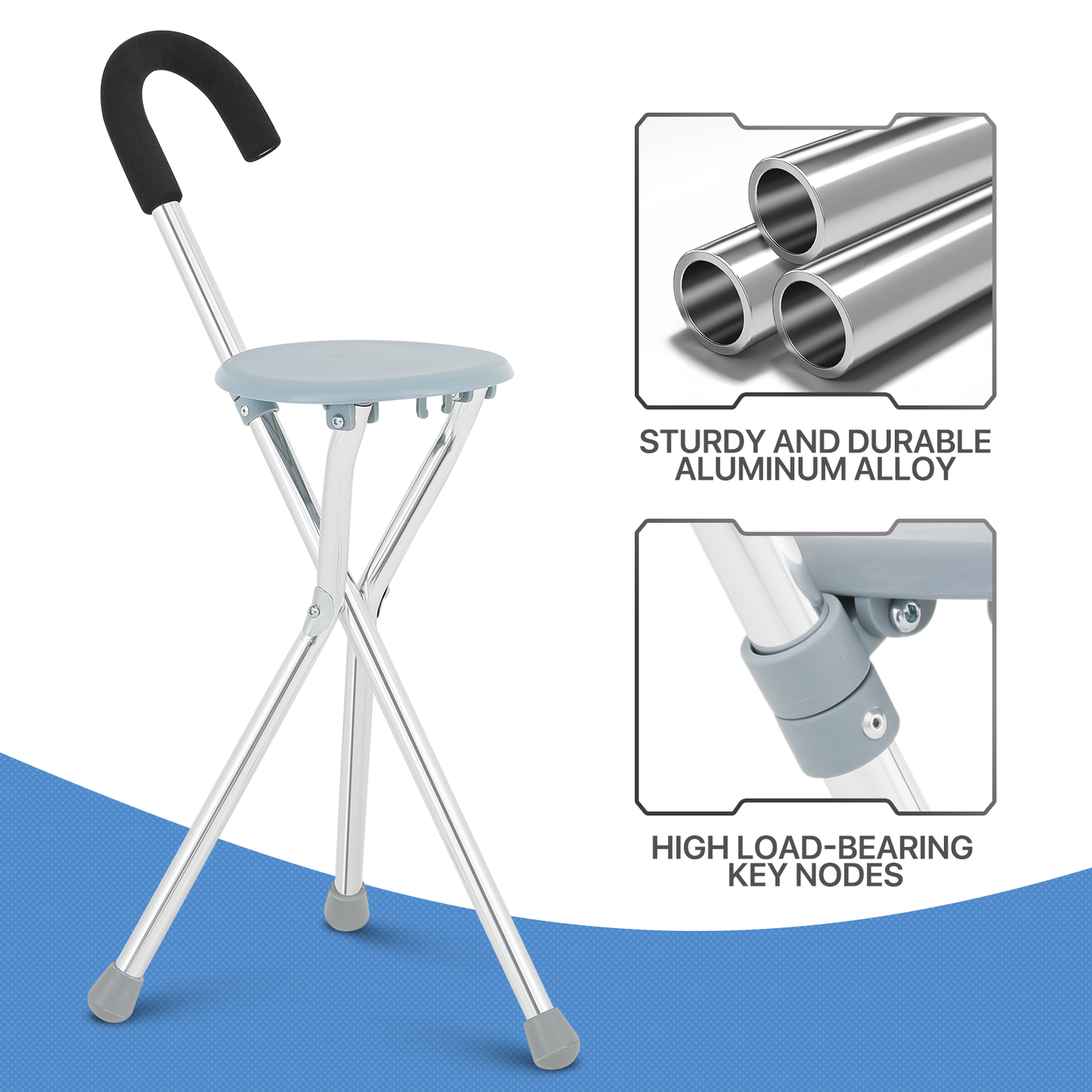 Foldable Cane with Seat - Aluminum Alloy Frame - PVC Seat - Silver/Gray