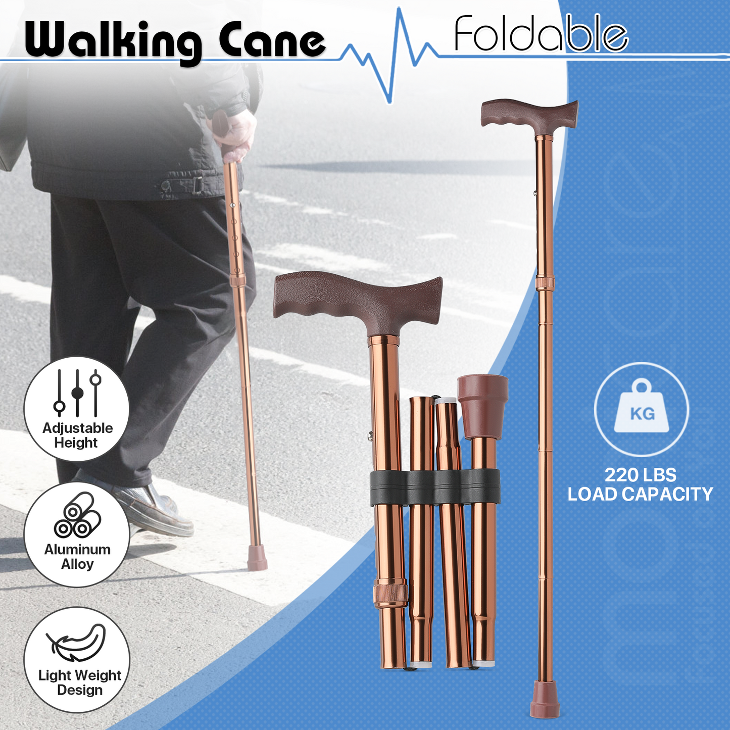 Foldable Aluminum Alloy Walking Cane - 32''-36'' 5 Gears Height Adjustable - Bronze