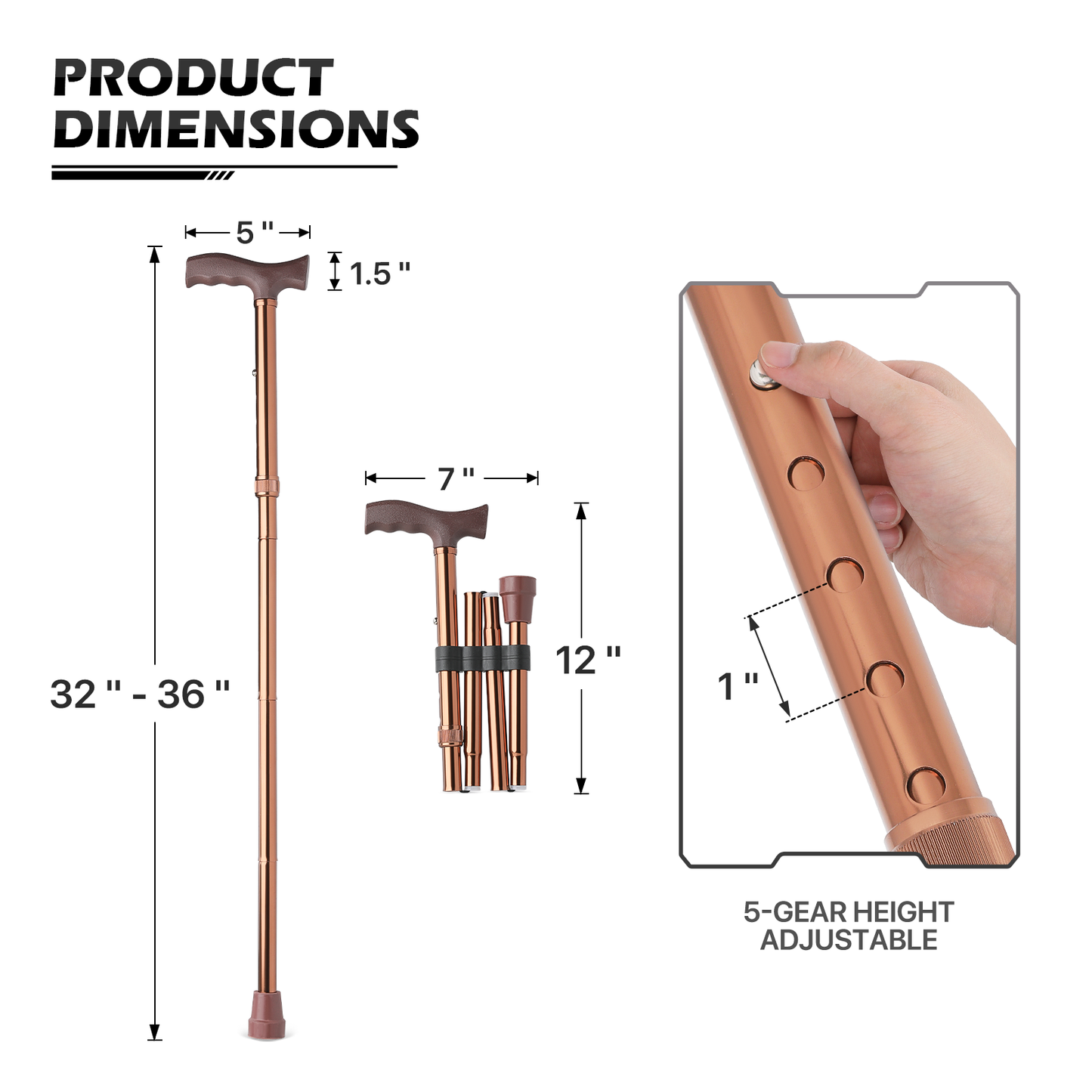 Foldable Aluminum Alloy Walking Cane - 32''-36'' 5 Gears Height Adjustable - Bronze
