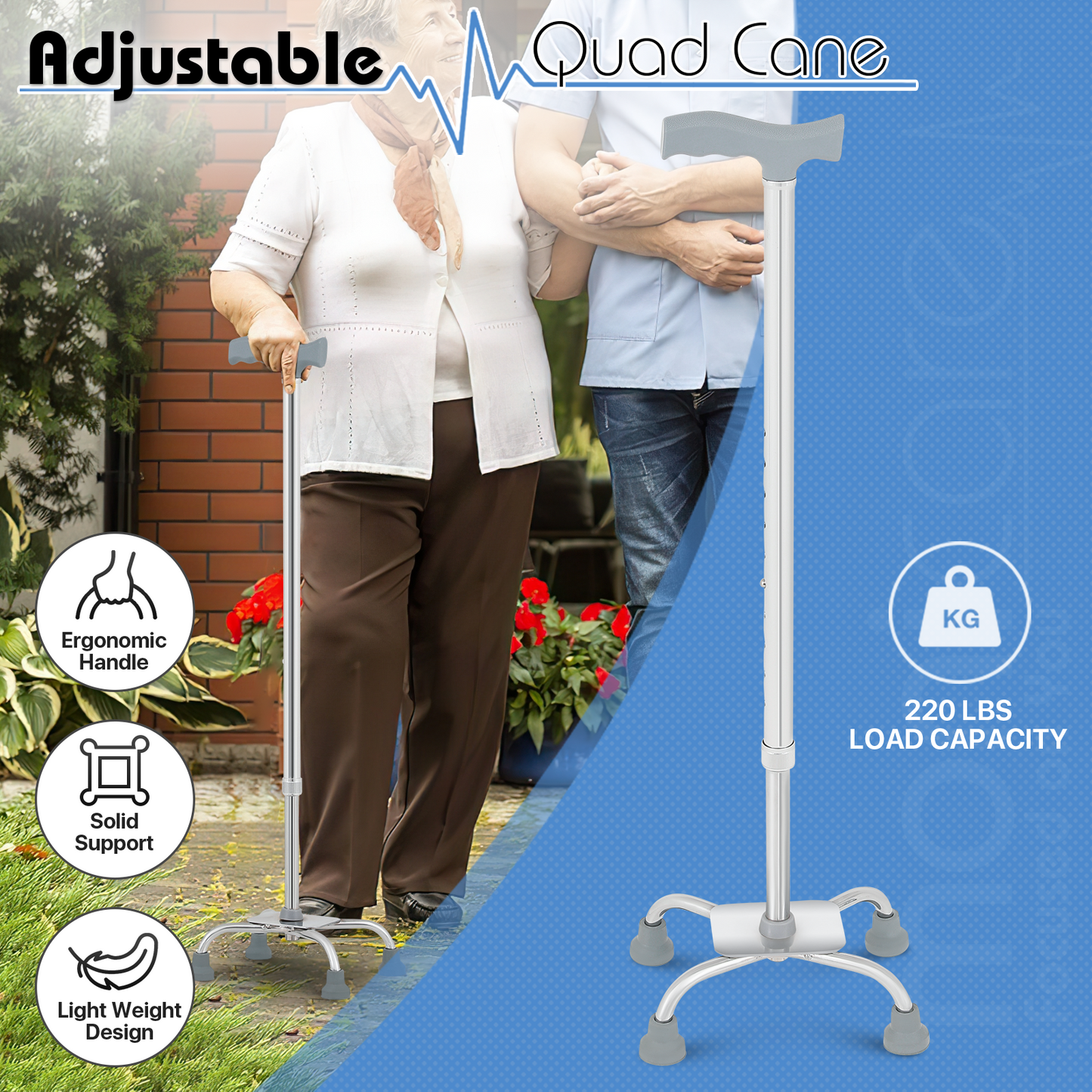 Aluminum Alloy Quad Cane - 25''-34'' 10 Gears Height Adjustable - Silver