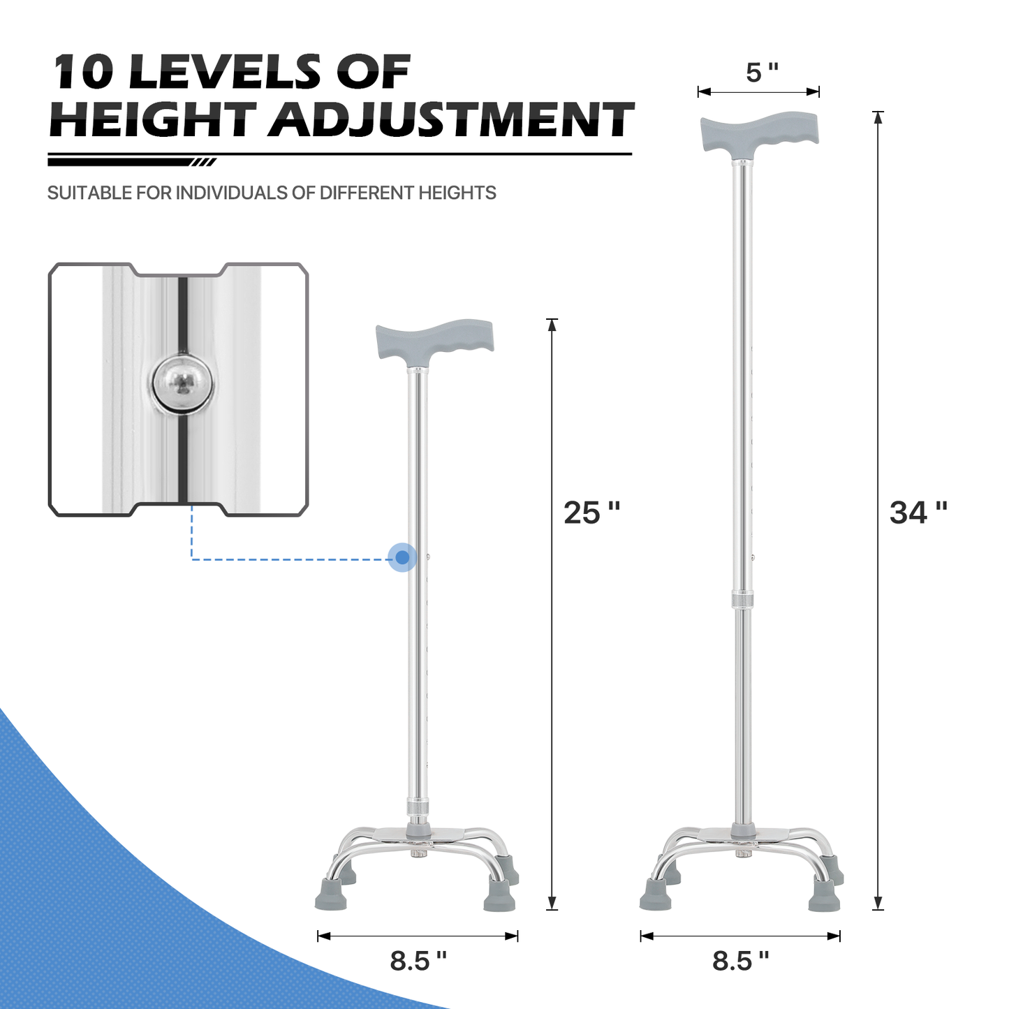 Aluminum Alloy Quad Cane - 25''-34'' 10 Gears Height Adjustable - Silver