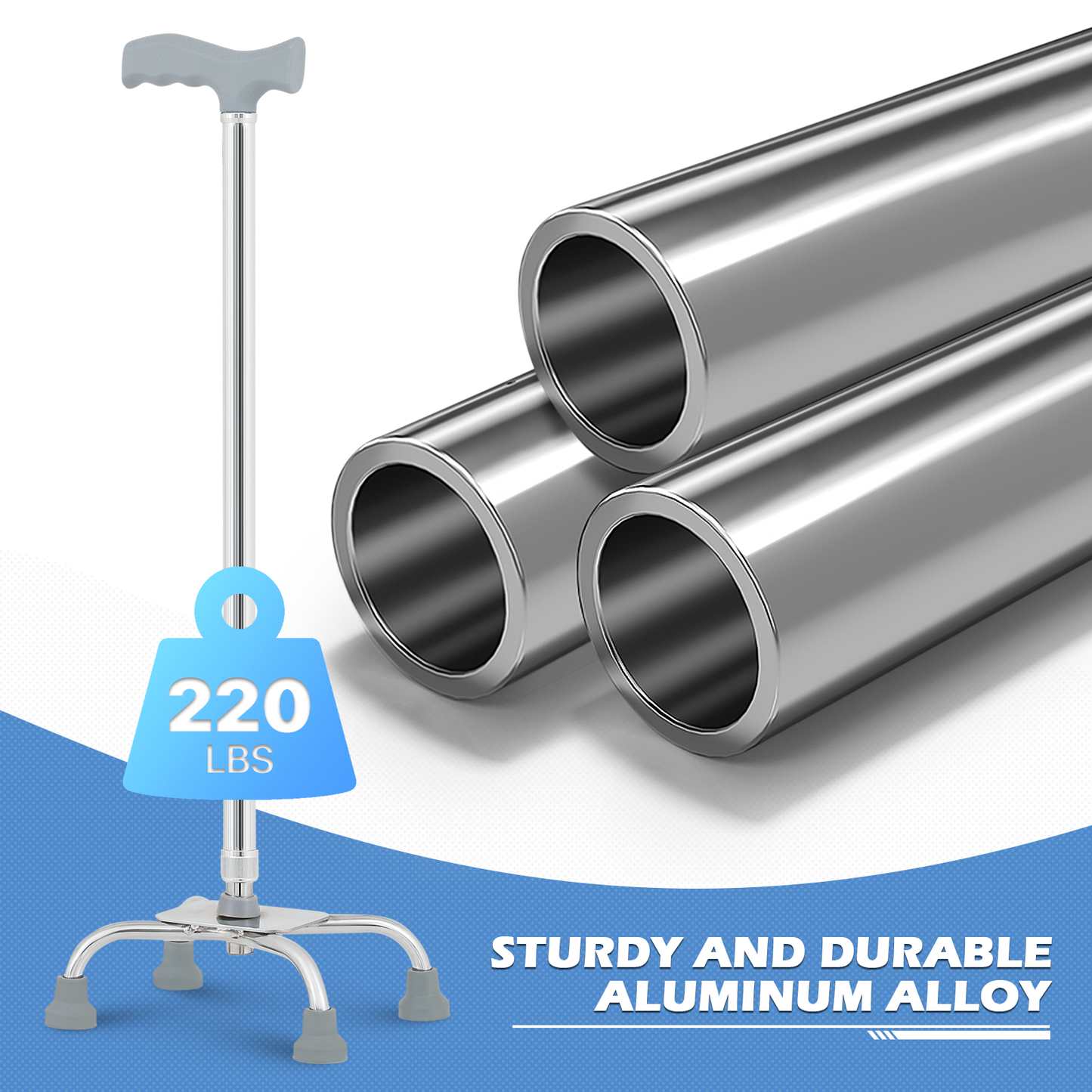 Aluminum Alloy Quad Cane - 25''-34'' 10 Gears Height Adjustable - Silver