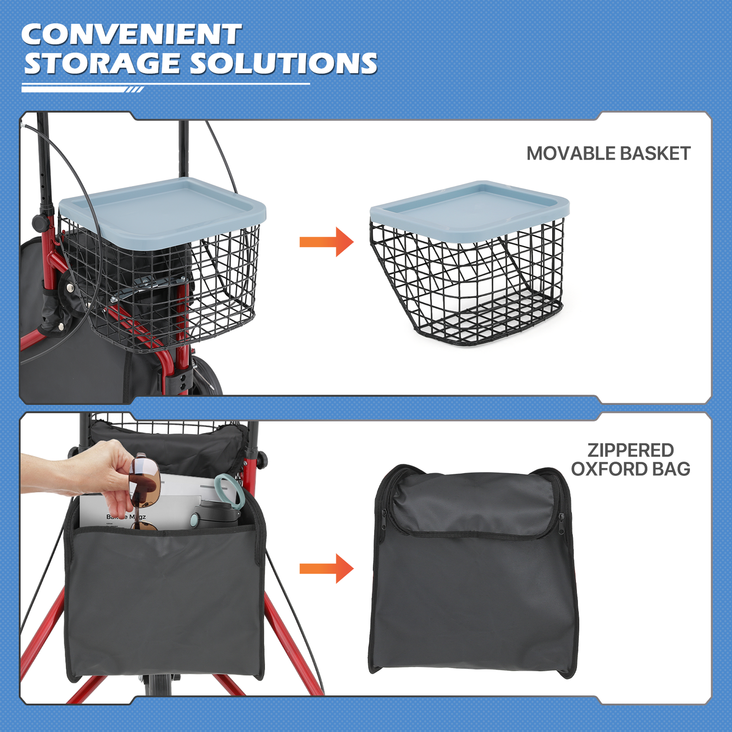 Adjustable Height Rollator Walker - 8'' Diameter 3 Wheels - w/Oxford Bag & Detachable Basket