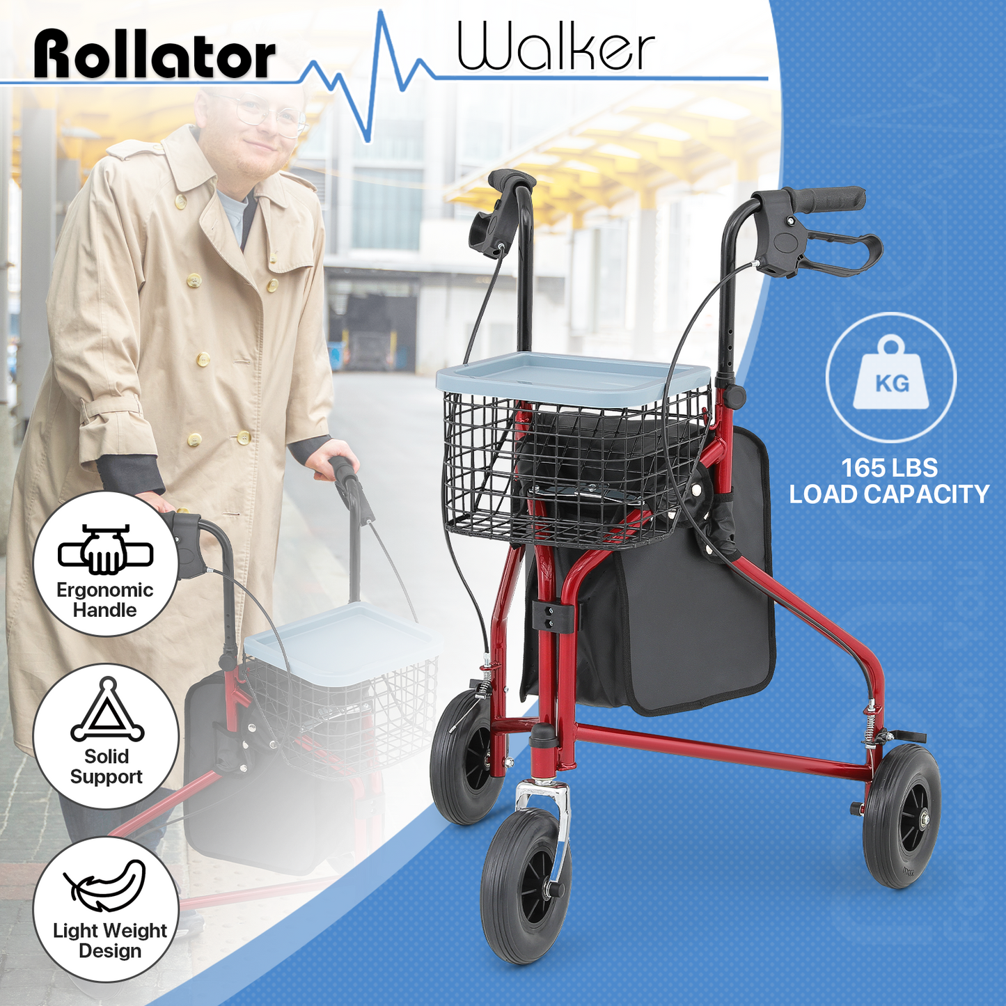 Adjustable Height Rollator Walker - 8'' Diameter 3 Wheels - w/Oxford Bag & Detachable Basket