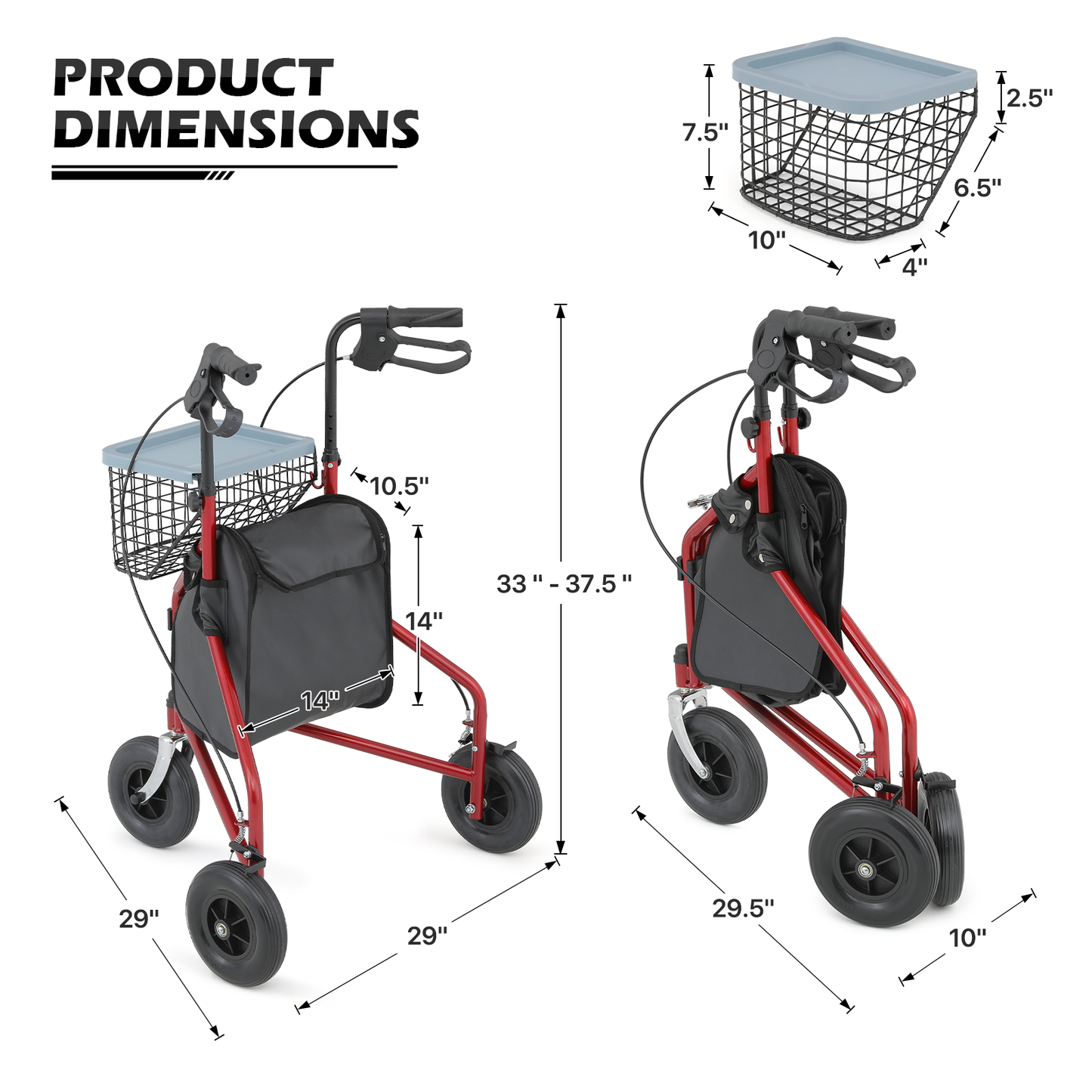 Adjustable Height Rollator Walker - 8'' Diameter 3 Wheels - w/Oxford Bag & Detachable Basket