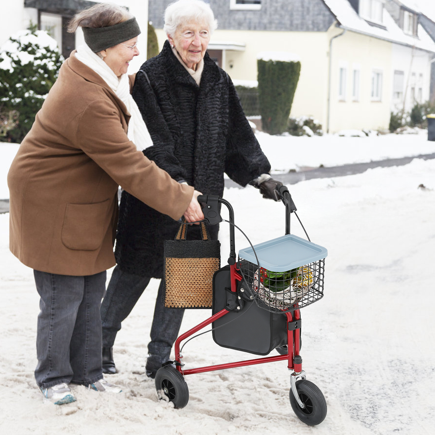 Adjustable Height Rollator Walker - 8'' Diameter 3 Wheels - w/Oxford Bag & Detachable Basket