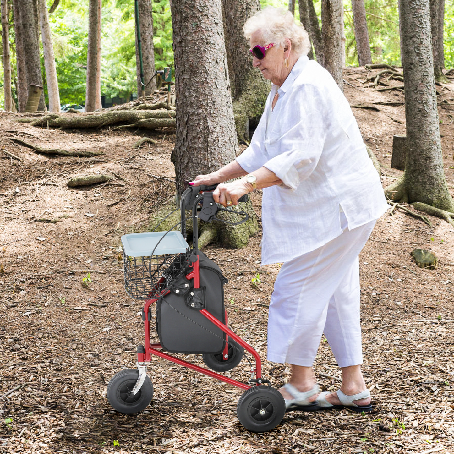 Adjustable Height Rollator Walker - 8'' Diameter 3 Wheels - w/Oxford Bag & Detachable Basket