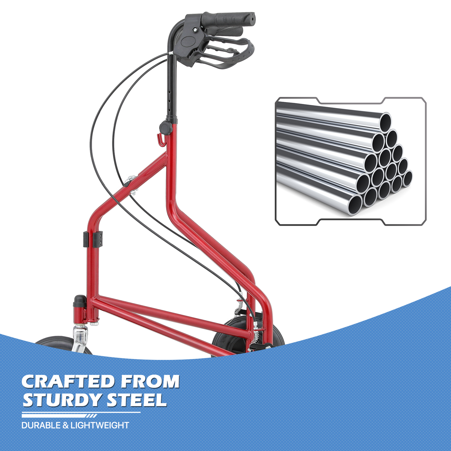Adjustable Height Rollator Walker - 8'' Diameter 3 Wheels - w/Oxford Bag & Detachable Basket