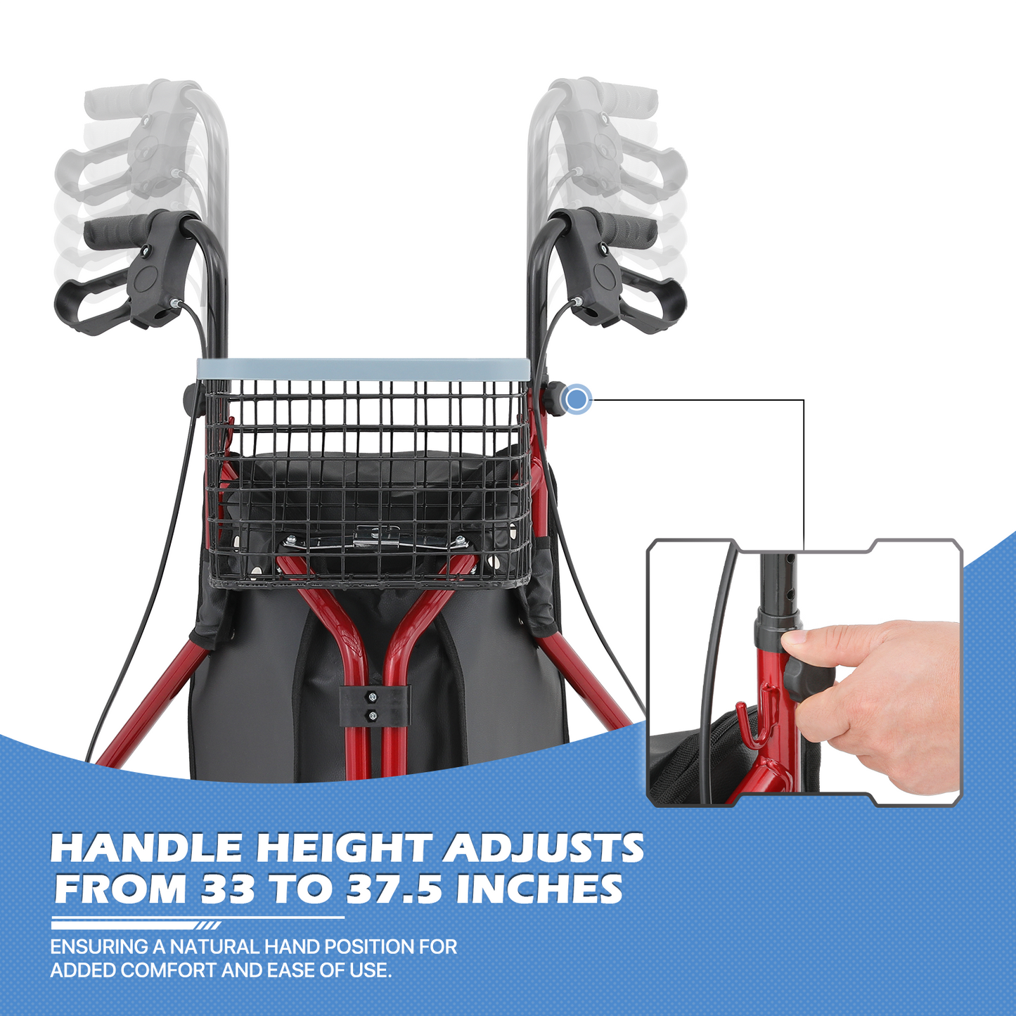 Adjustable Height Rollator Walker - 8'' Diameter 3 Wheels - w/Oxford Bag & Detachable Basket