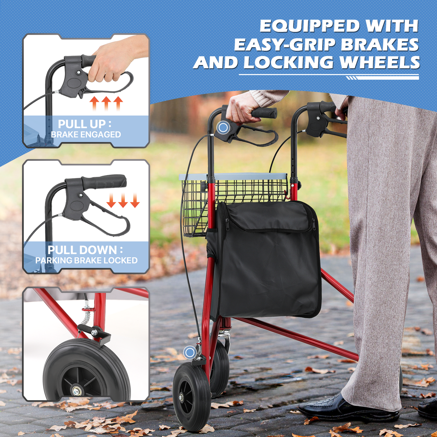 Adjustable Height Rollator Walker - 8'' Diameter 3 Wheels - w/Oxford Bag & Detachable Basket