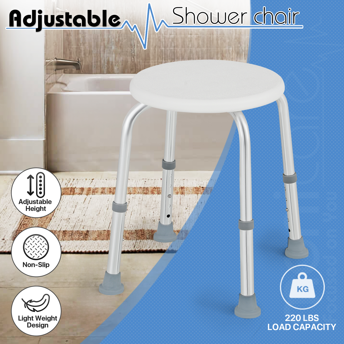 Shower Stool - 15.5''-19.5'' 5 Gears Height Adjustable - Round Seat - White/Silver