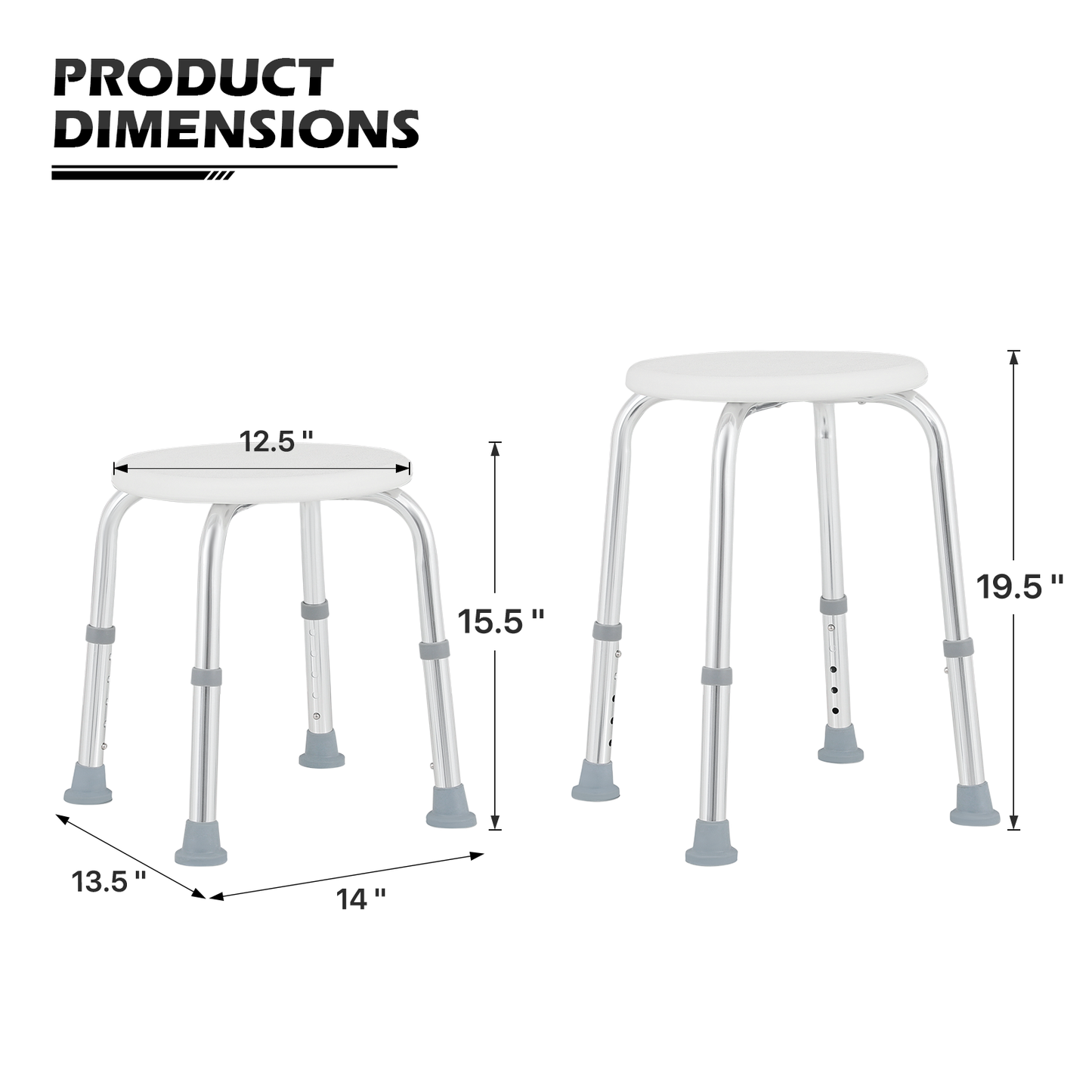 Shower Stool - 15.5''-19.5'' 5 Gears Height Adjustable - Round Seat - White/Silver