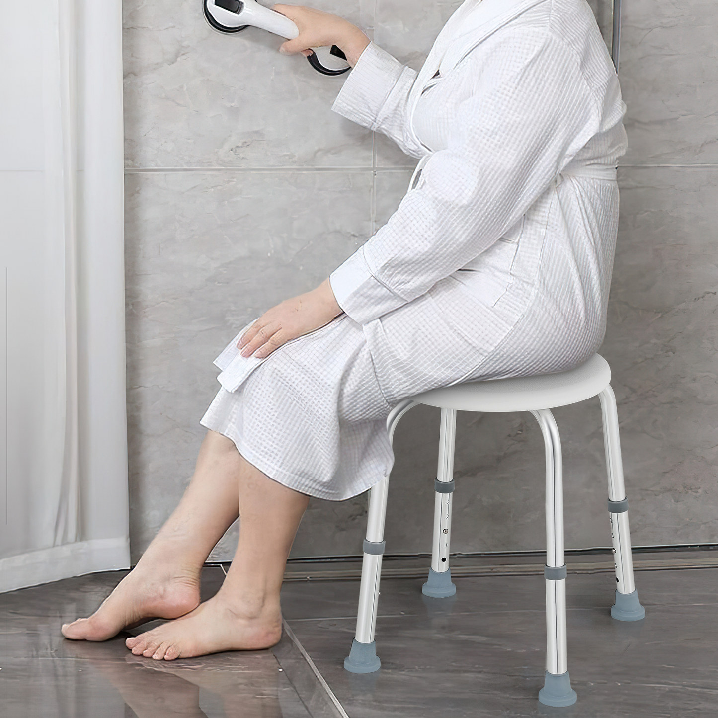Shower Stool - 15.5''-19.5'' 5 Gears Height Adjustable - Round Seat - White/Silver