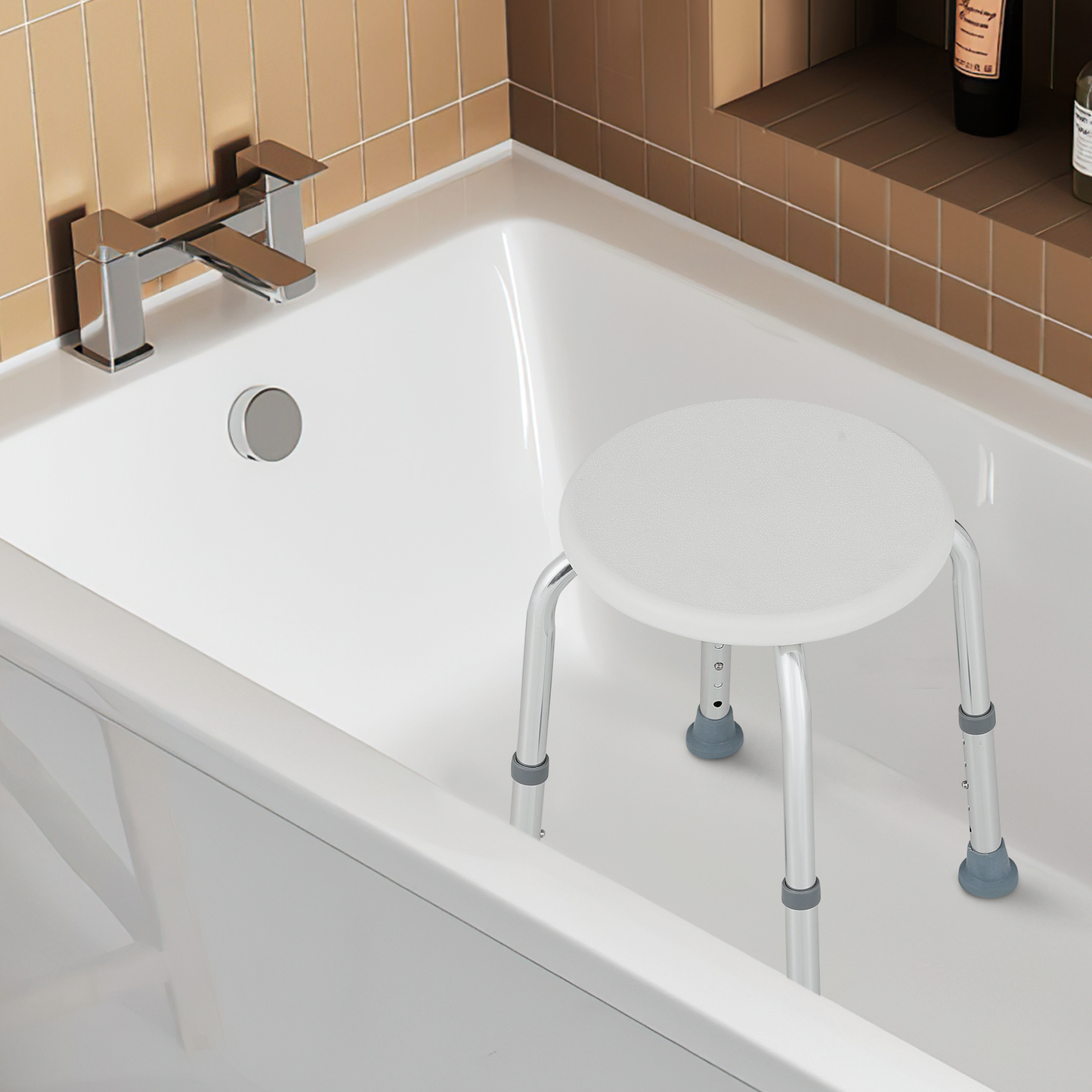 Shower Stool - 15.5''-19.5'' 5 Gears Height Adjustable - Round Seat - White/Silver