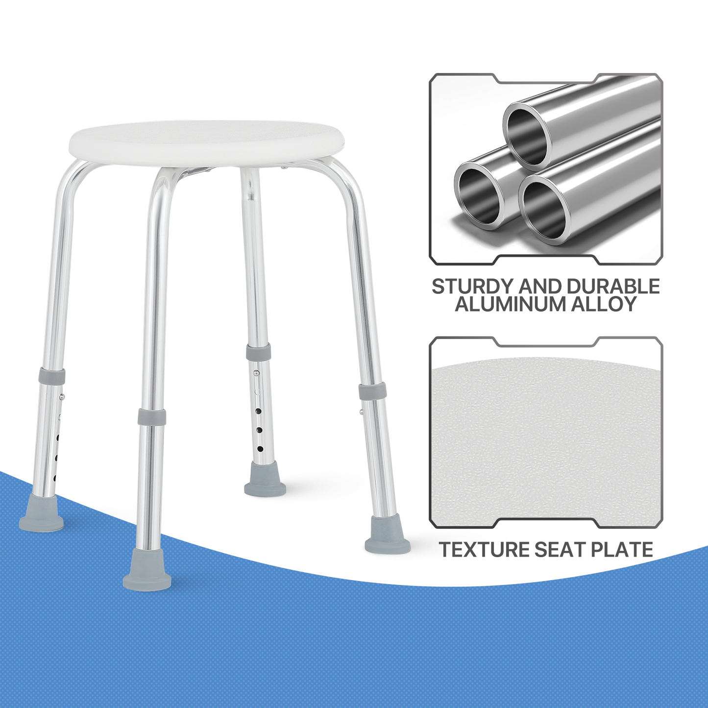Shower Stool - 15.5''-19.5'' 5 Gears Height Adjustable - Round Seat - White/Silver