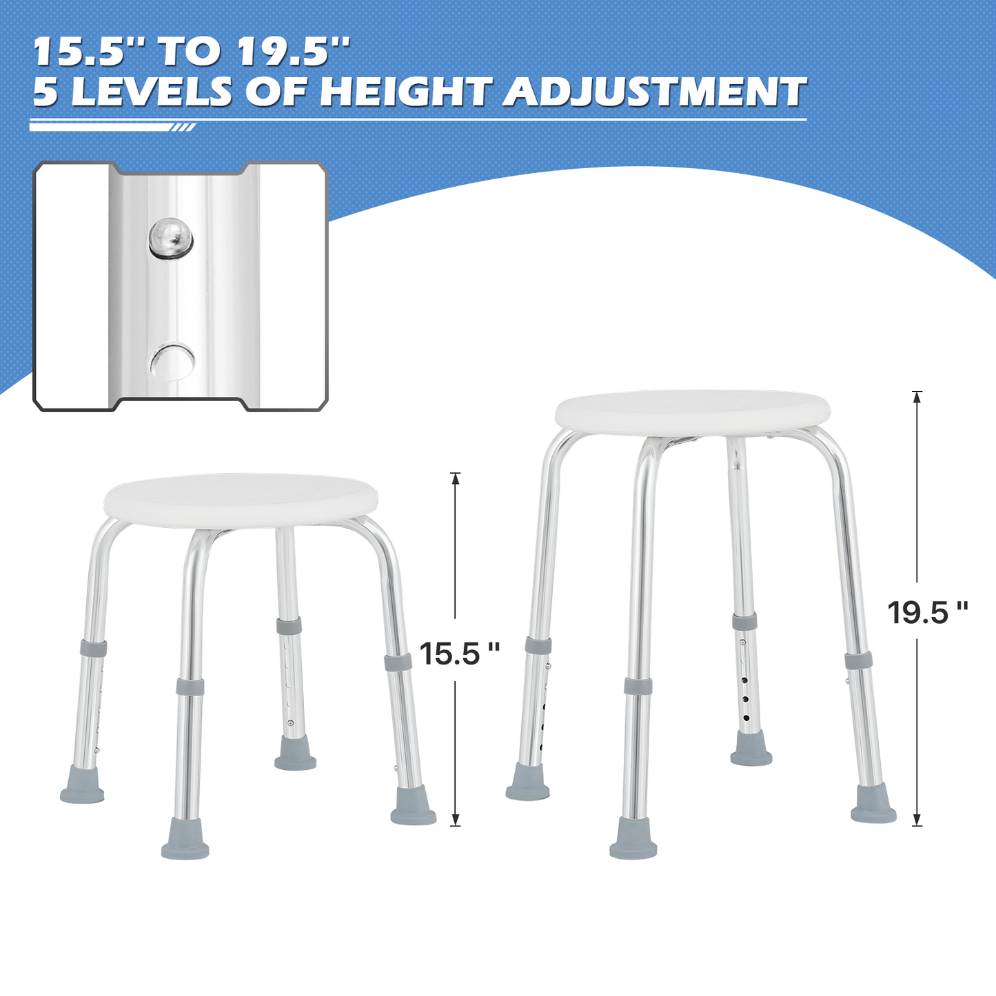 Shower Stool - 15.5''-19.5'' 5 Gears Height Adjustable - Round Seat - White/Silver