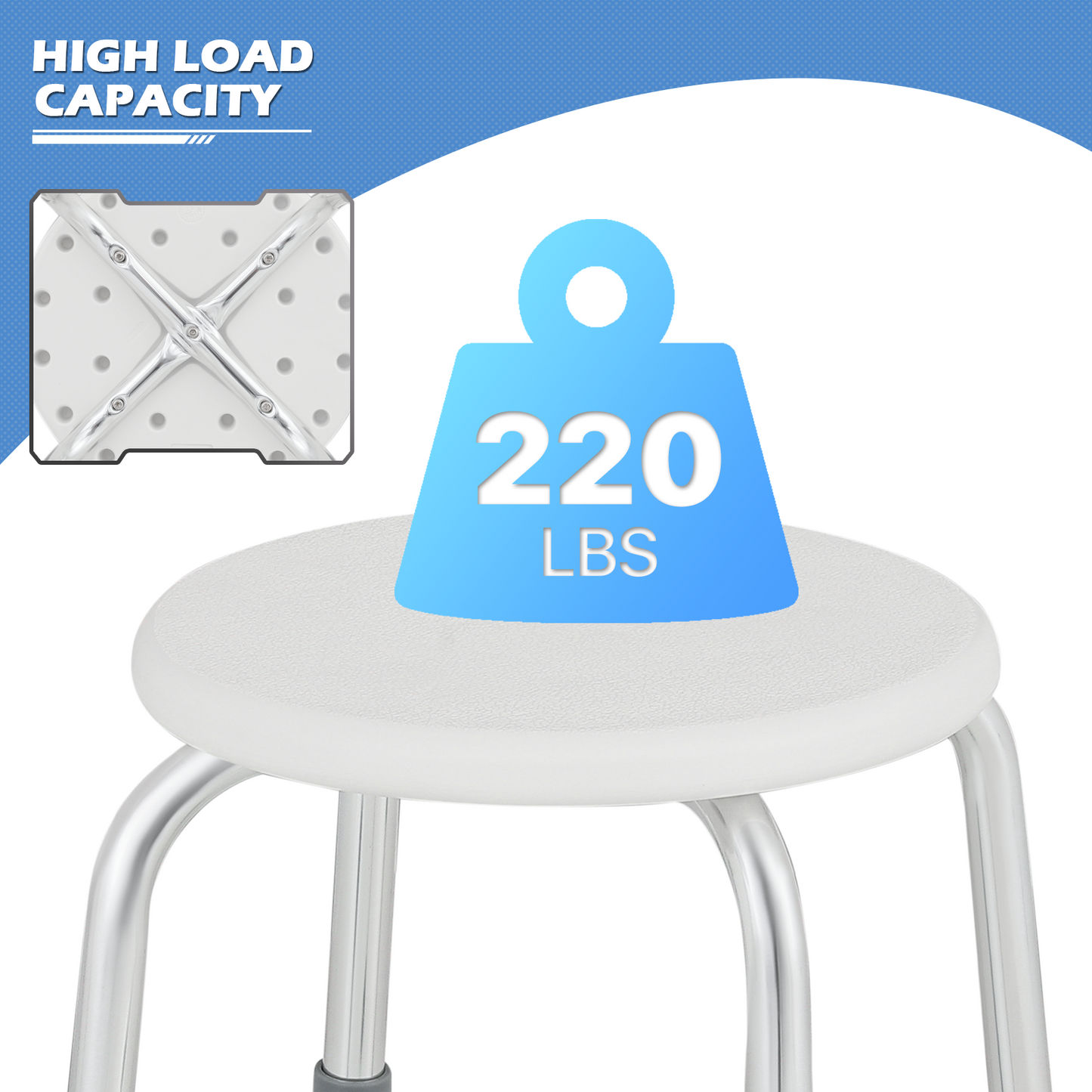 Shower Stool - 15.5''-19.5'' 5 Gears Height Adjustable - Round Seat - White/Silver