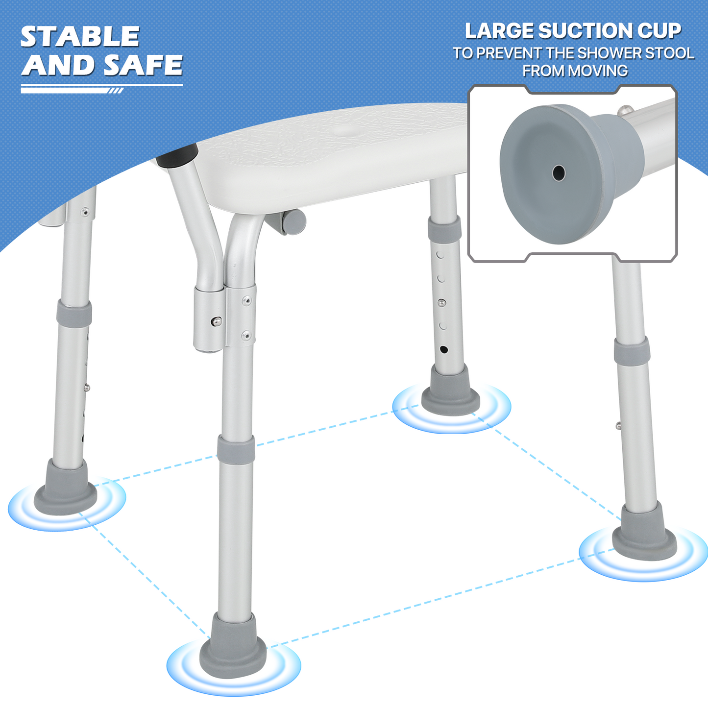 Shower Chair - w/Detachable Backrest Armrest - 27''-31'' 5 Gears Height Adjustable - Rectangle Seat - White/Silver