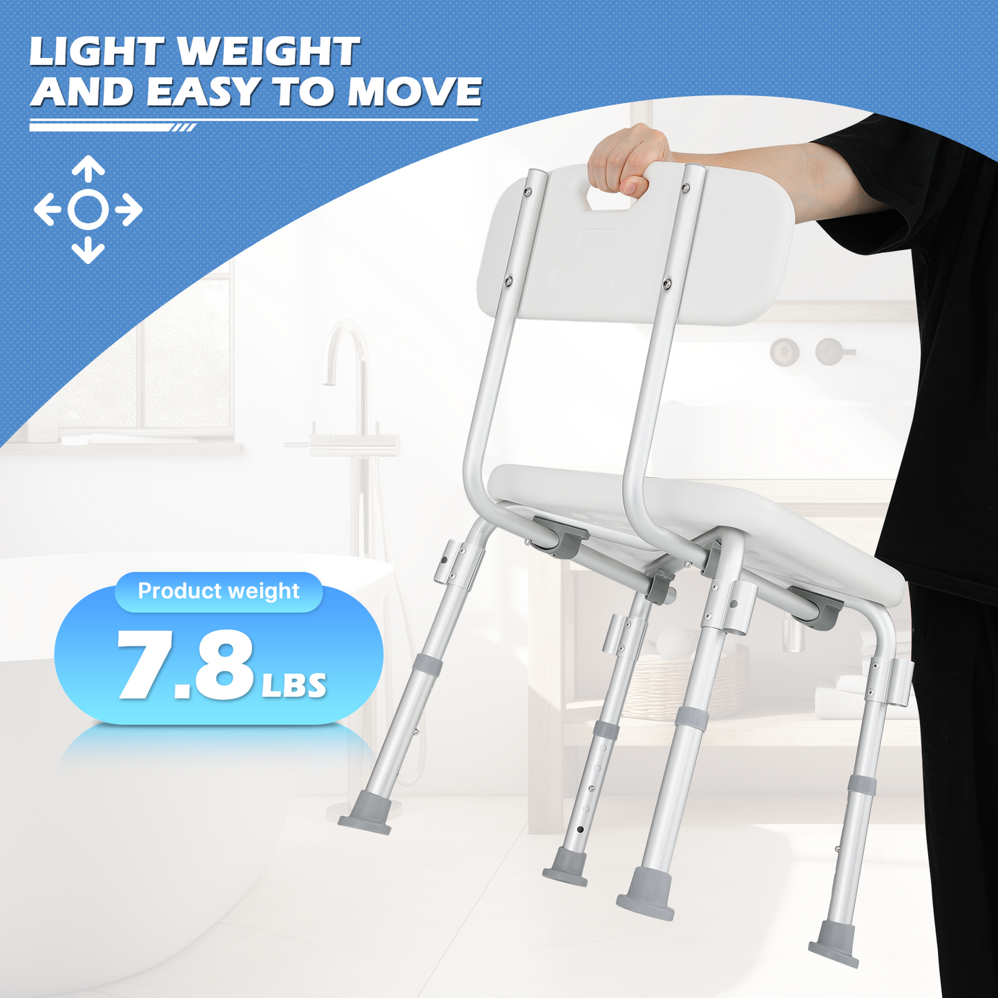 Shower Chair - w/Detachable Backrest Armrest - 27''-31'' 5 Gears Height Adjustable - Rectangle Seat - White/Silver