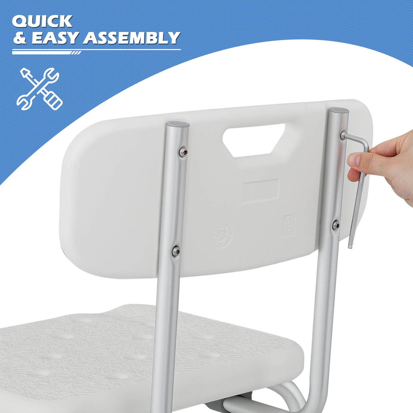 Shower Chair - w/Detachable Backrest Armrest - 27''-31'' 5 Gears Height Adjustable - Rectangle Seat - White/Silver