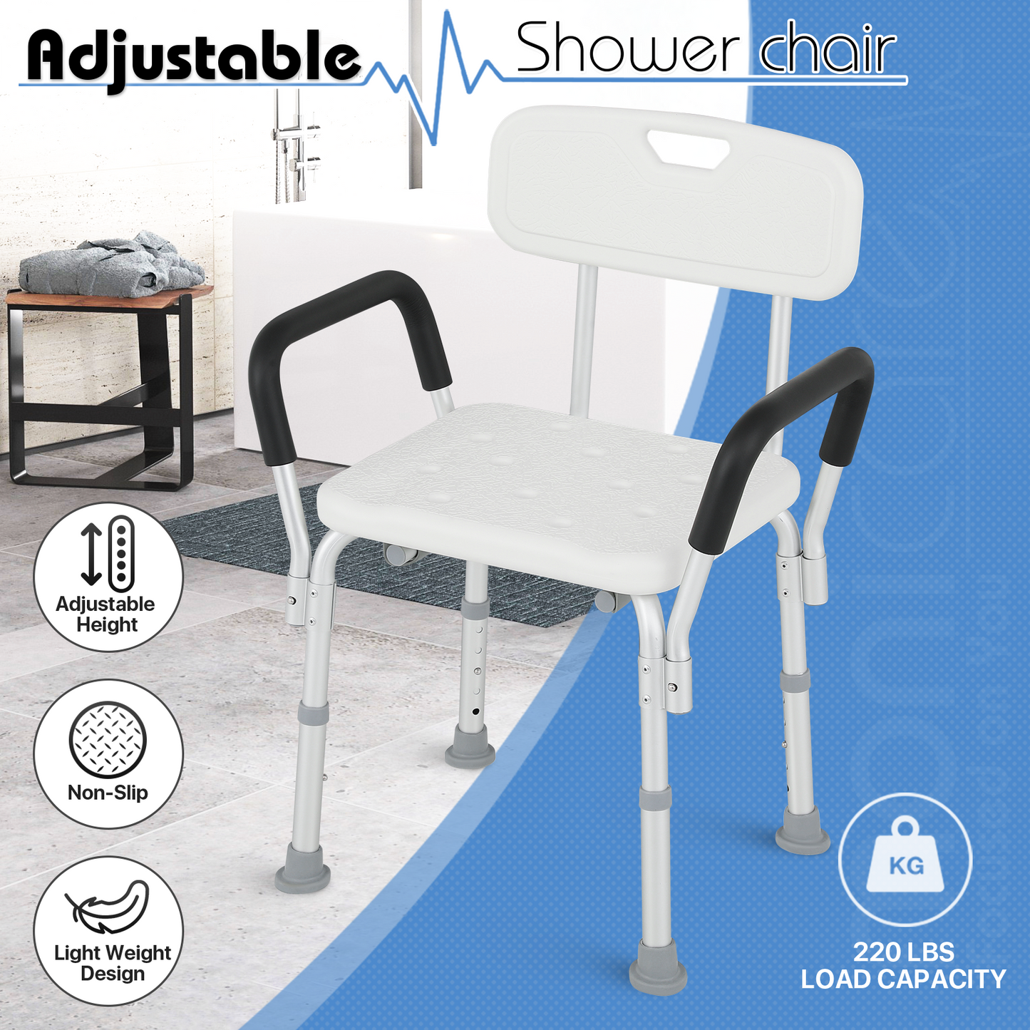 Shower Chair - w/Detachable Backrest Armrest - 27''-31'' 5 Gears Height Adjustable - Rectangle Seat - White/Silver