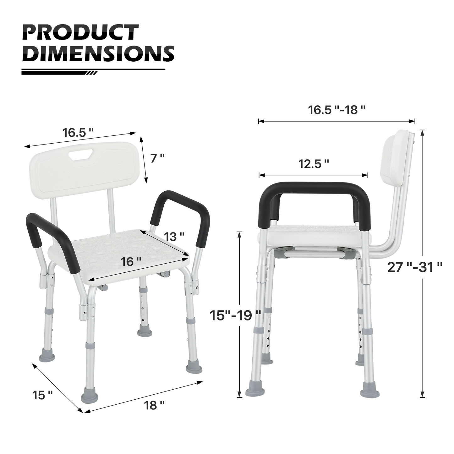Shower Chair - w/Detachable Backrest Armrest - 27''-31'' 5 Gears Height Adjustable - Rectangle Seat - White/Silver