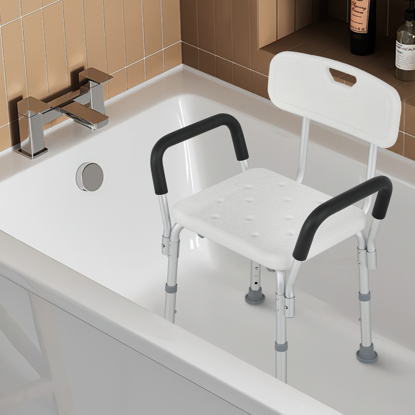 Shower Chair - w/Detachable Backrest Armrest - 27''-31'' 5 Gears Height Adjustable - Rectangle Seat - White/Silver
