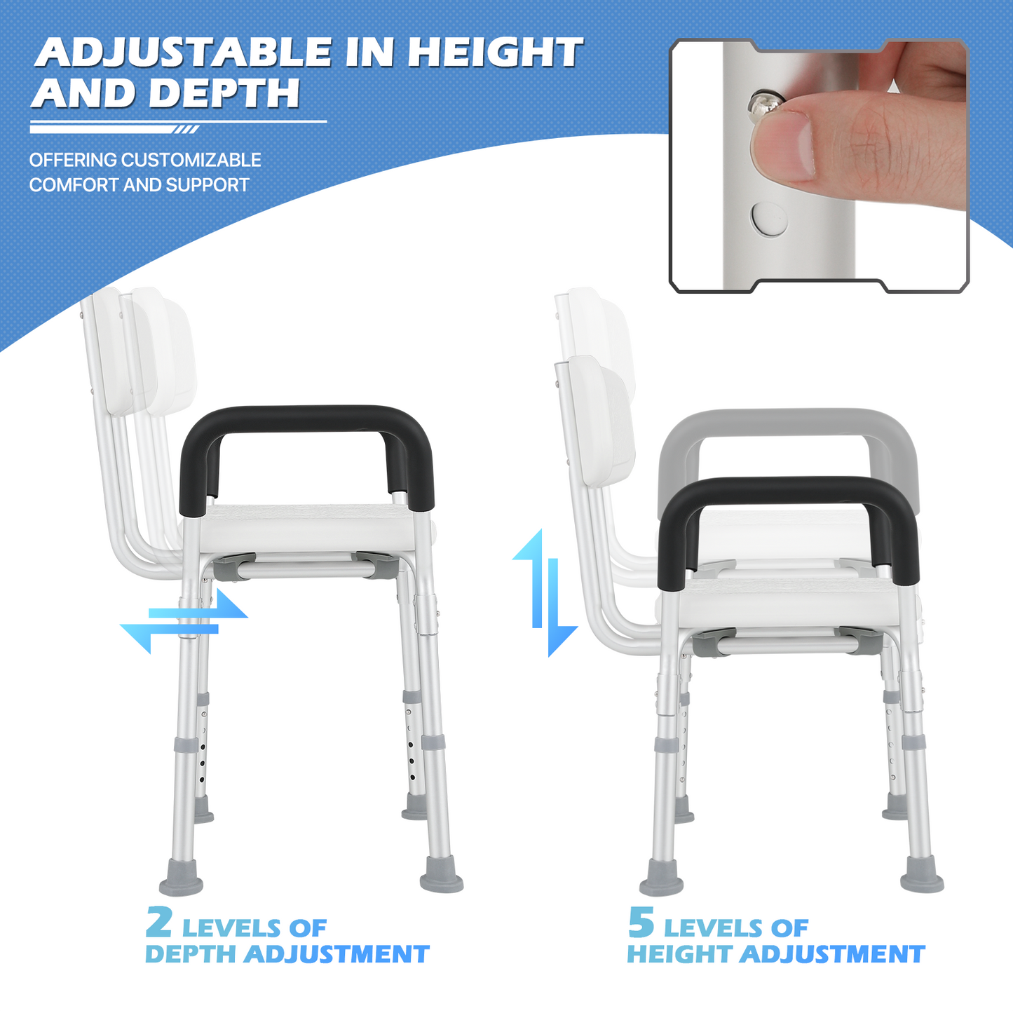 Shower Chair - w/Detachable Backrest Armrest - 27''-31'' 5 Gears Height Adjustable - Rectangle Seat - White/Silver