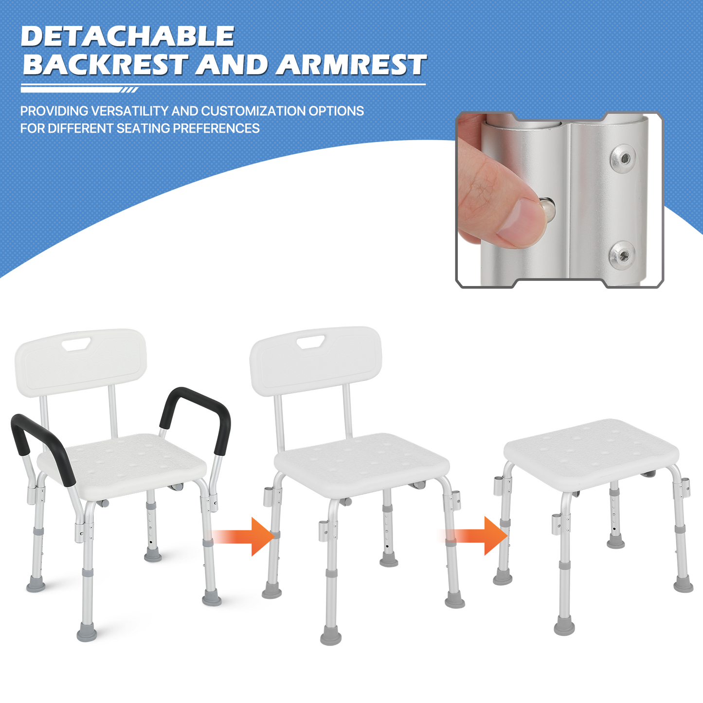 Shower Chair - w/Detachable Backrest Armrest - 27''-31'' 5 Gears Height Adjustable - Rectangle Seat - White/Silver
