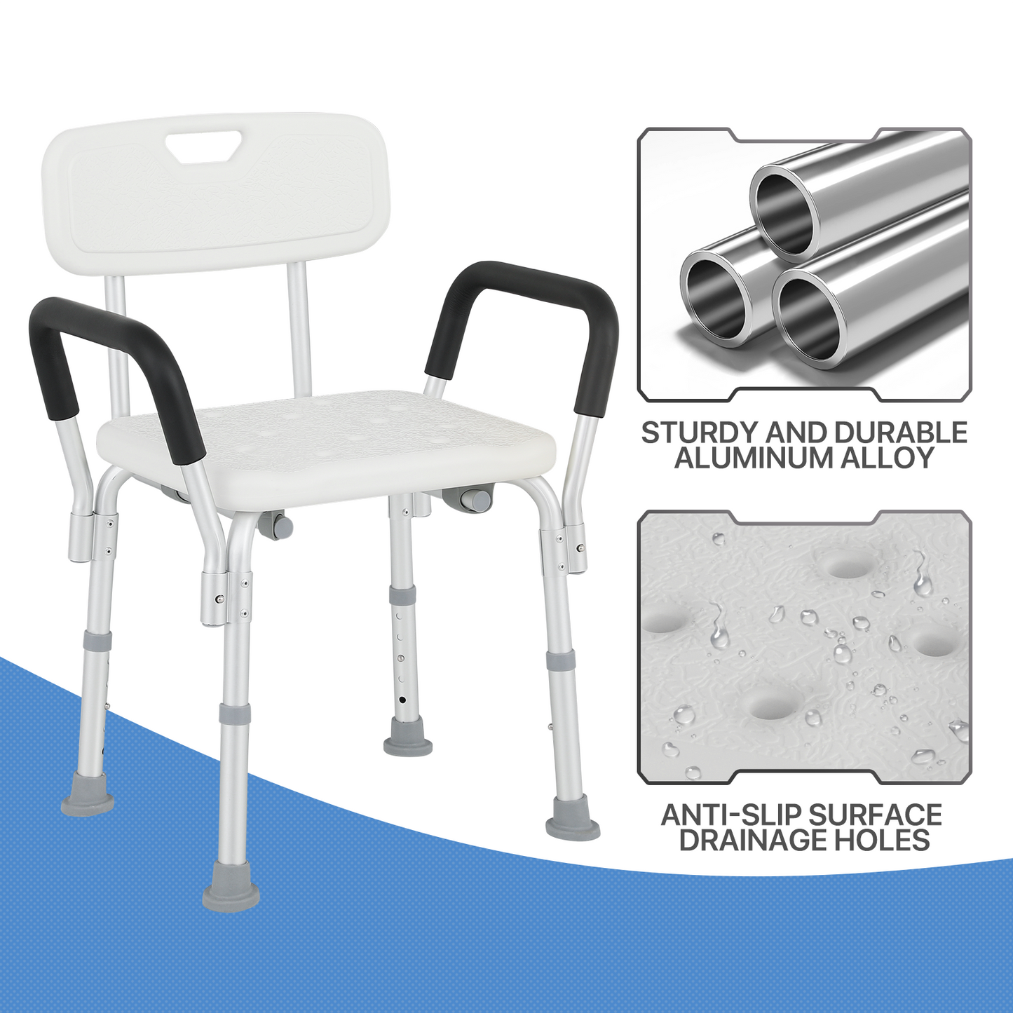 Shower Chair - w/Detachable Backrest Armrest - 27''-31'' 5 Gears Height Adjustable - Rectangle Seat - White/Silver