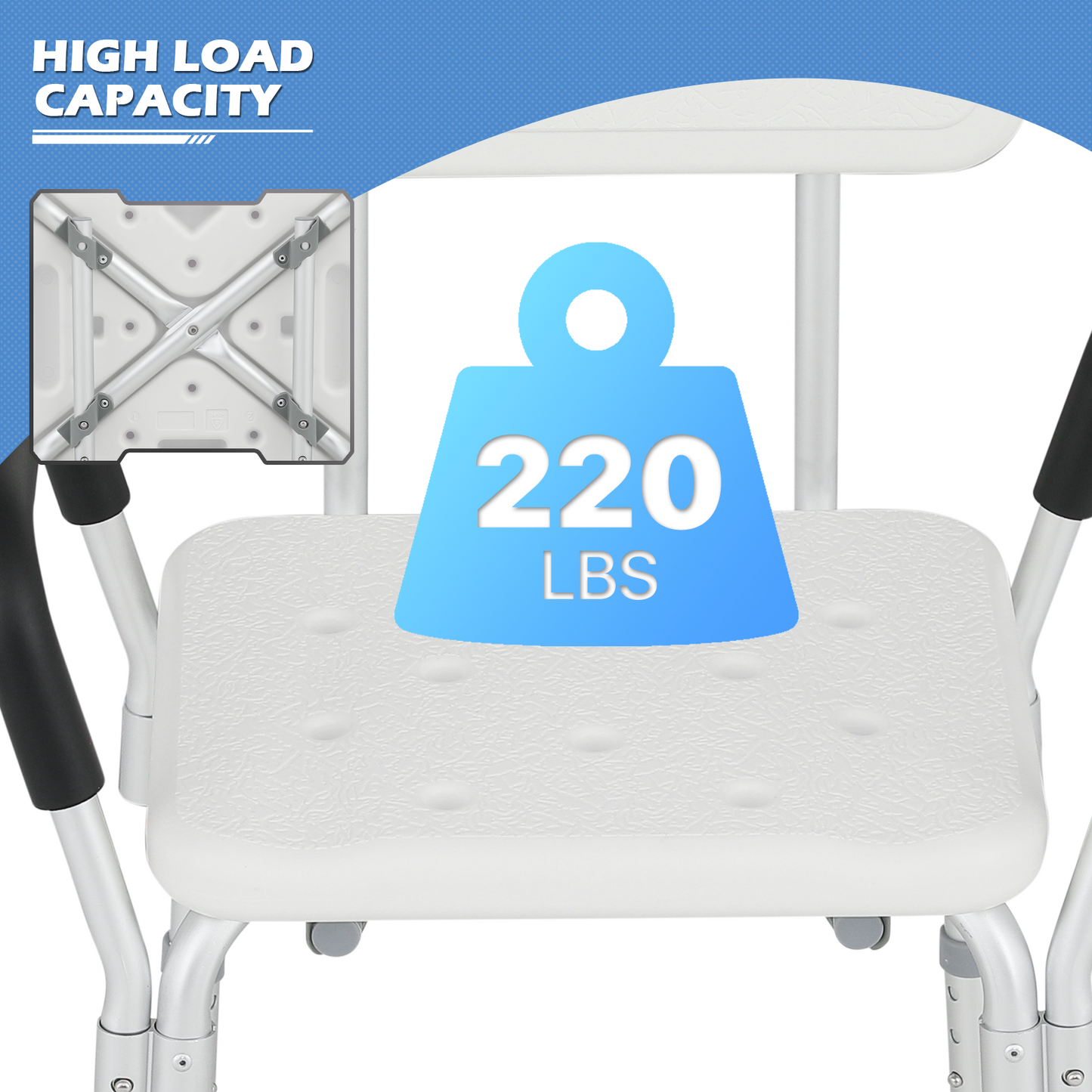 Shower Chair - w/Detachable Backrest Armrest - 27''-31'' 5 Gears Height Adjustable - Rectangle Seat - White/Silver