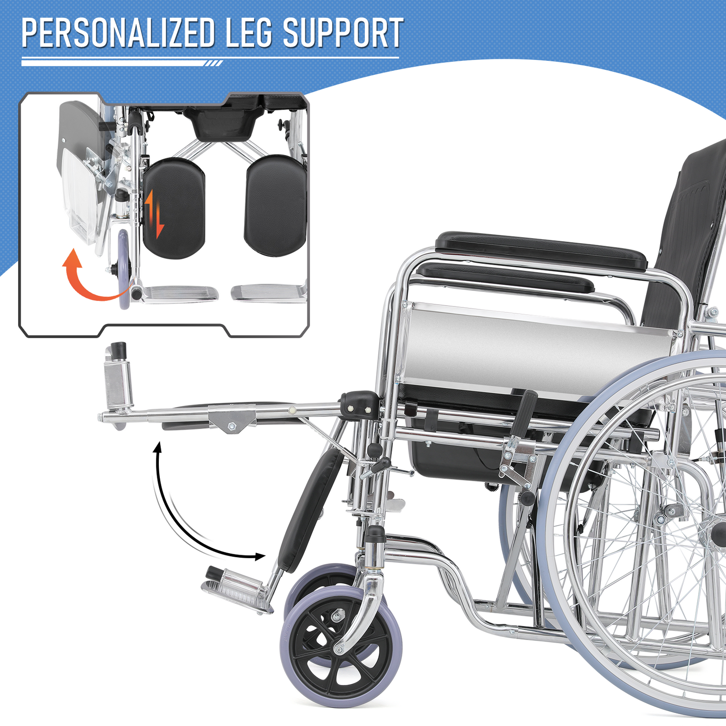 High BackWheelchair w/Commode - Steel Frame PVC with Foam Seat - 95°-180° Adjustable Backrest - 17.5*17'' Seat Size