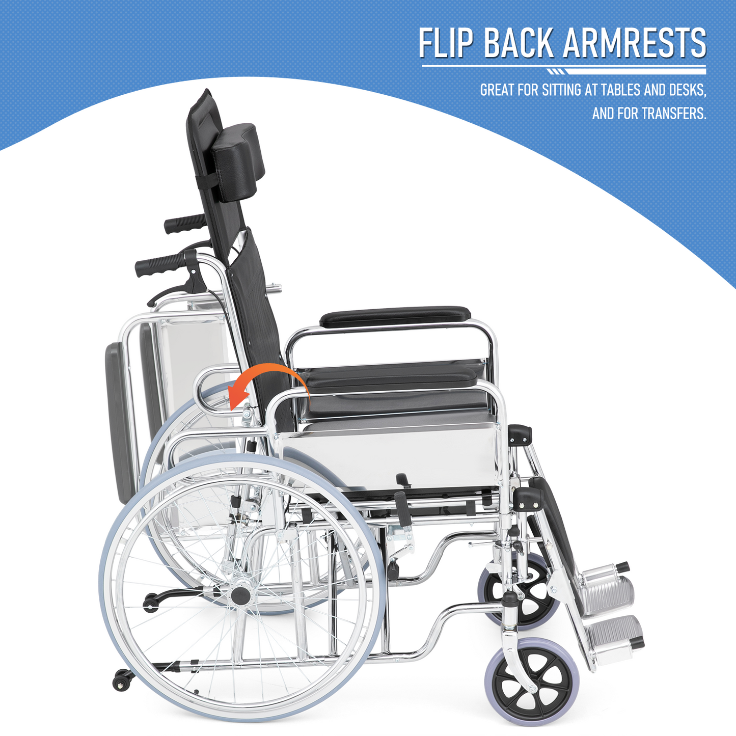 High BackWheelchair w/Commode - Steel Frame PVC with Foam Seat - 95°-180° Adjustable Backrest - 17.5*17'' Seat Size