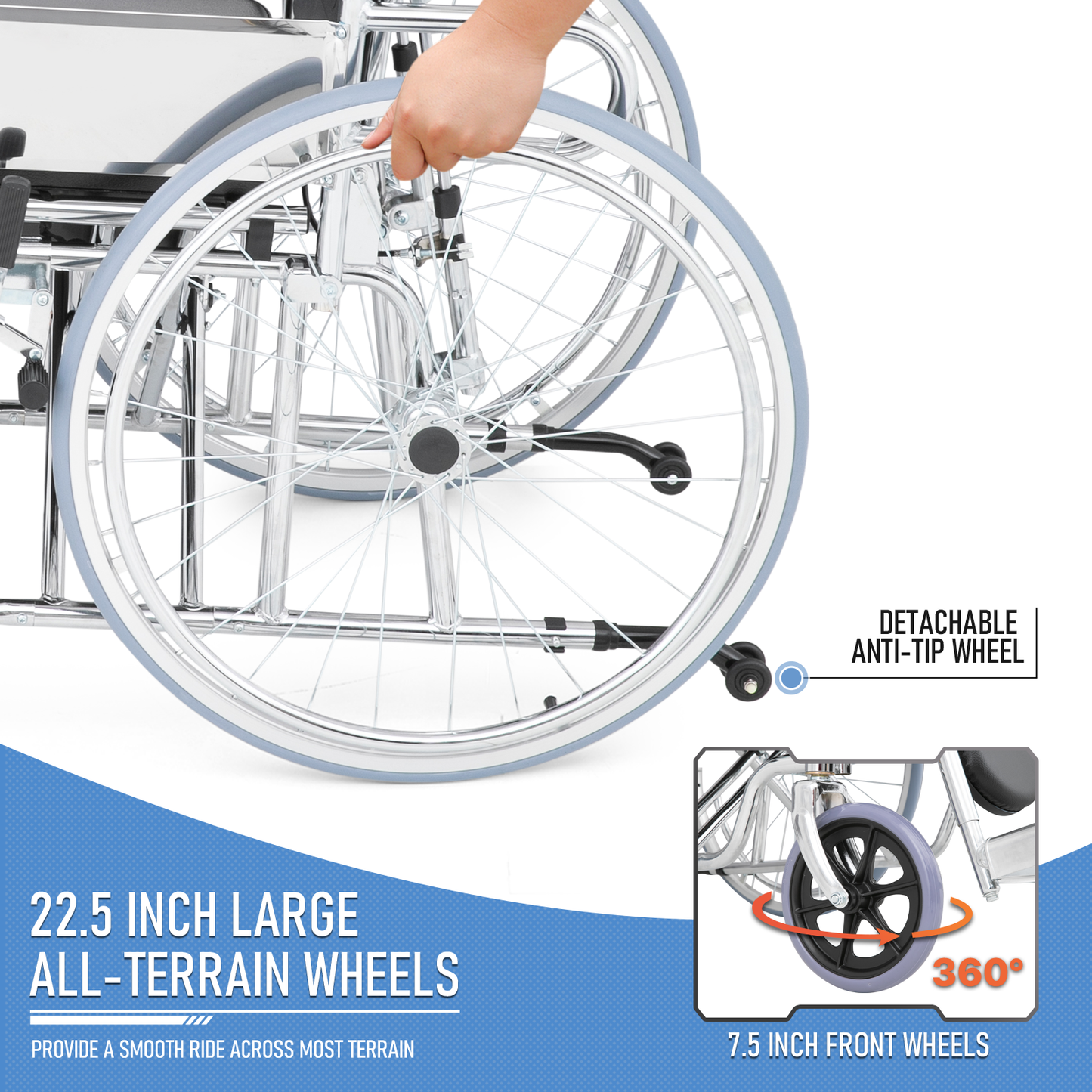 High BackWheelchair w/Commode - Steel Frame PVC with Foam Seat - 95°-180° Adjustable Backrest - 17.5*17'' Seat Size
