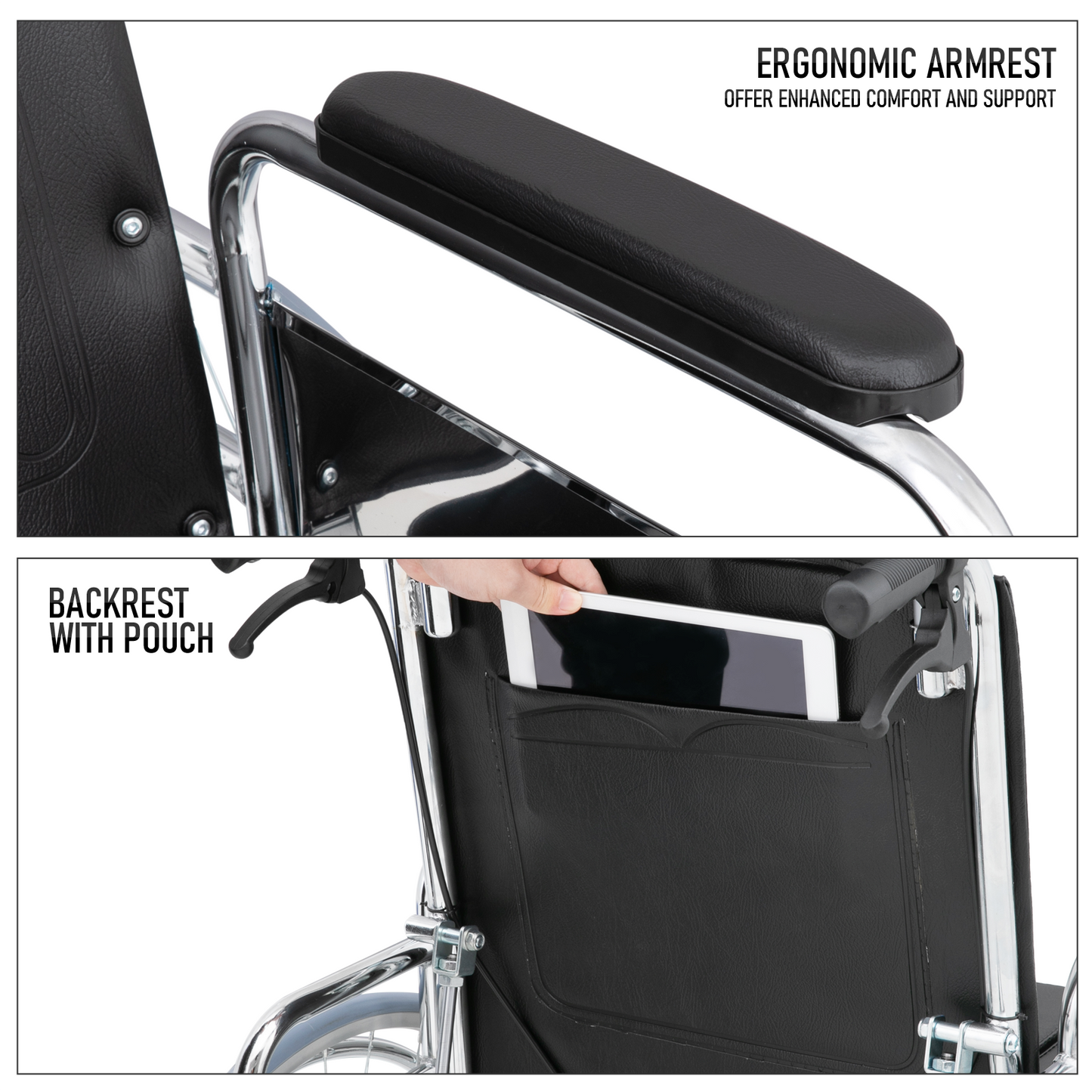 High BackWheelchair w/Commode - Steel Frame PVC with Foam Seat - 95°-180° Adjustable Backrest - 17.5*17'' Seat Size