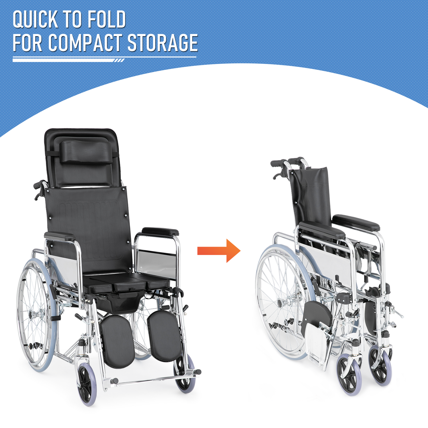 High BackWheelchair w/Commode - Steel Frame PVC with Foam Seat - 95°-180° Adjustable Backrest - 17.5*17'' Seat Size