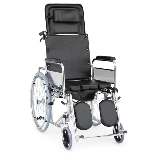 High BackWheelchair w/Commode - Steel Frame PVC with Foam Seat - 95°-180° Adjustable Backrest - 17.5*17'' Seat Size