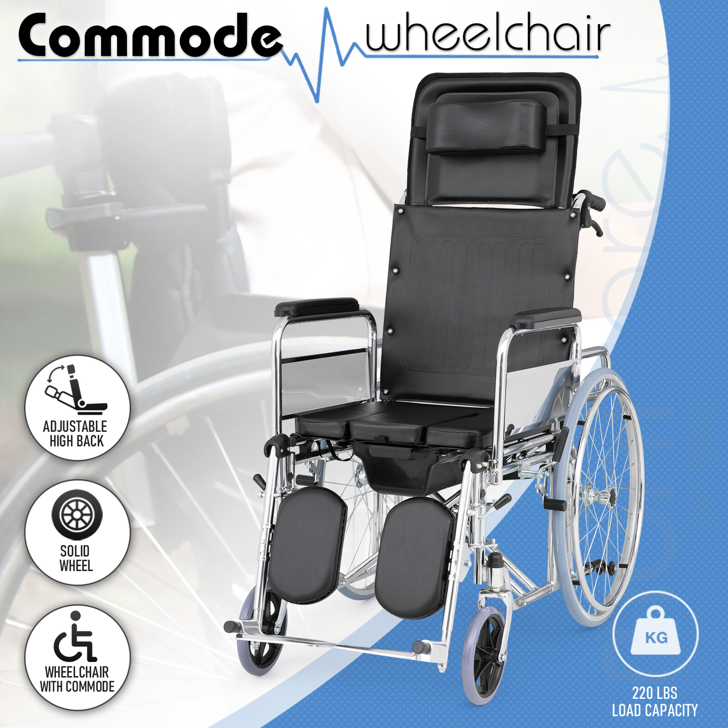 High BackWheelchair w/Commode - Steel Frame PVC with Foam Seat - 95°-180° Adjustable Backrest - 17.5*17'' Seat Size