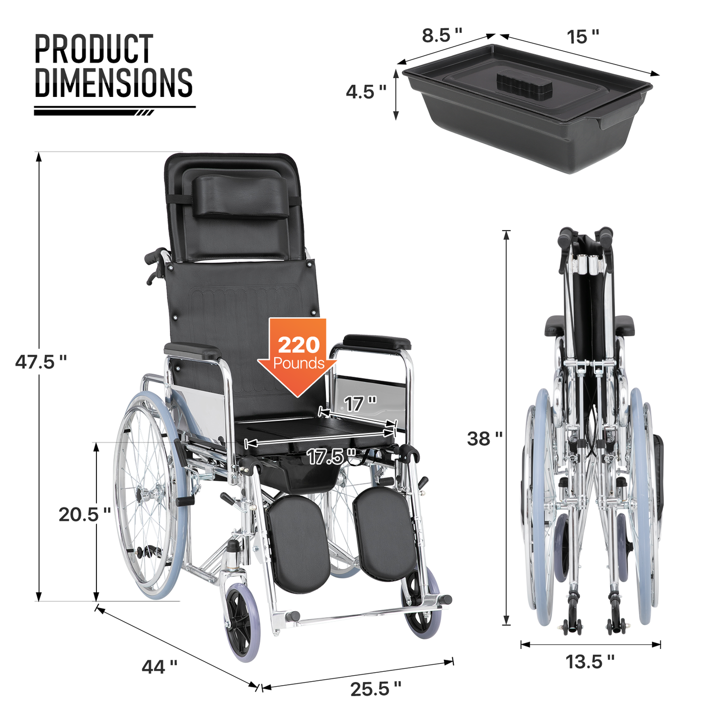 High BackWheelchair w/Commode - Steel Frame PVC with Foam Seat - 95°-180° Adjustable Backrest - 17.5*17'' Seat Size