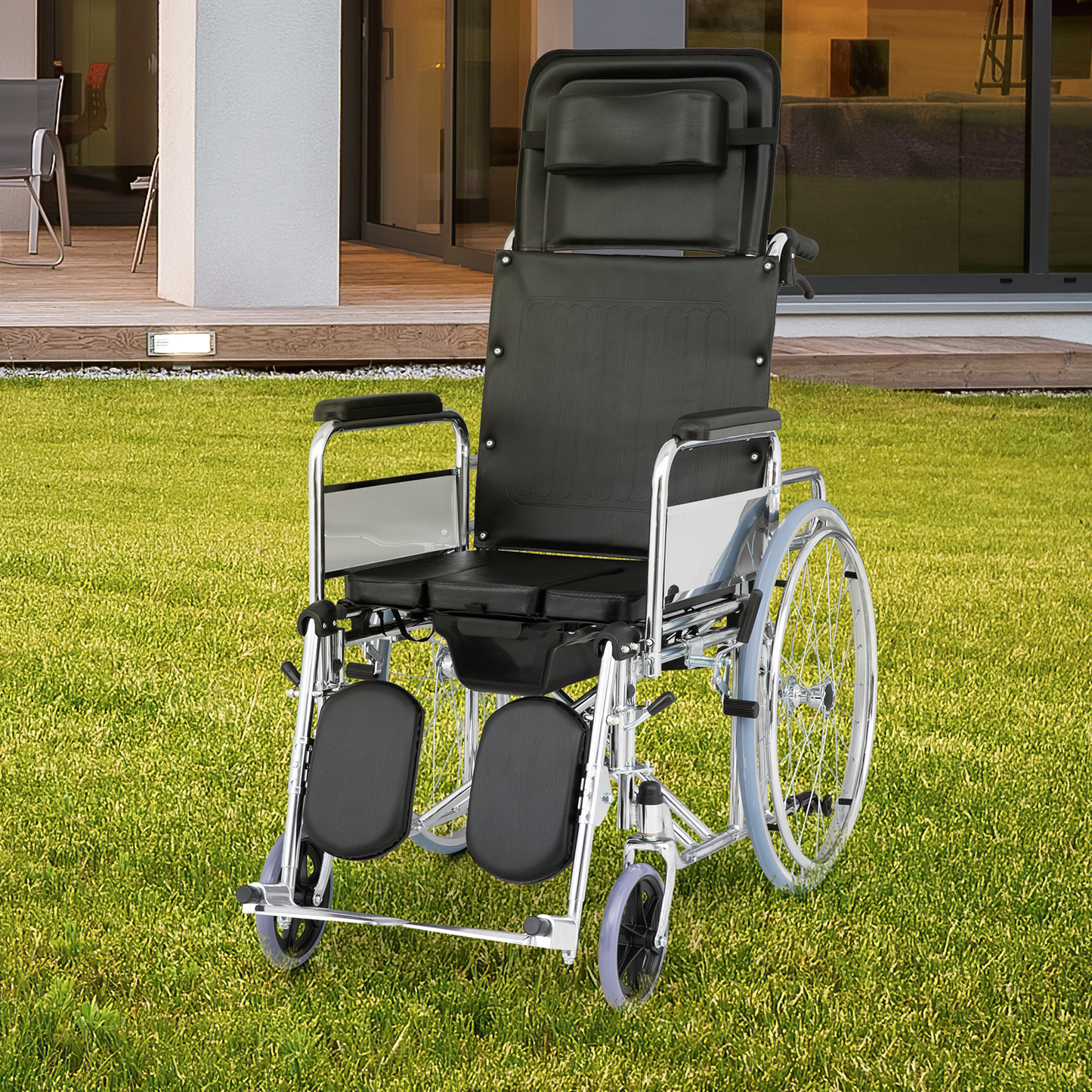 High BackWheelchair w/Commode - Steel Frame PVC with Foam Seat - 95°-180° Adjustable Backrest - 17.5*17'' Seat Size