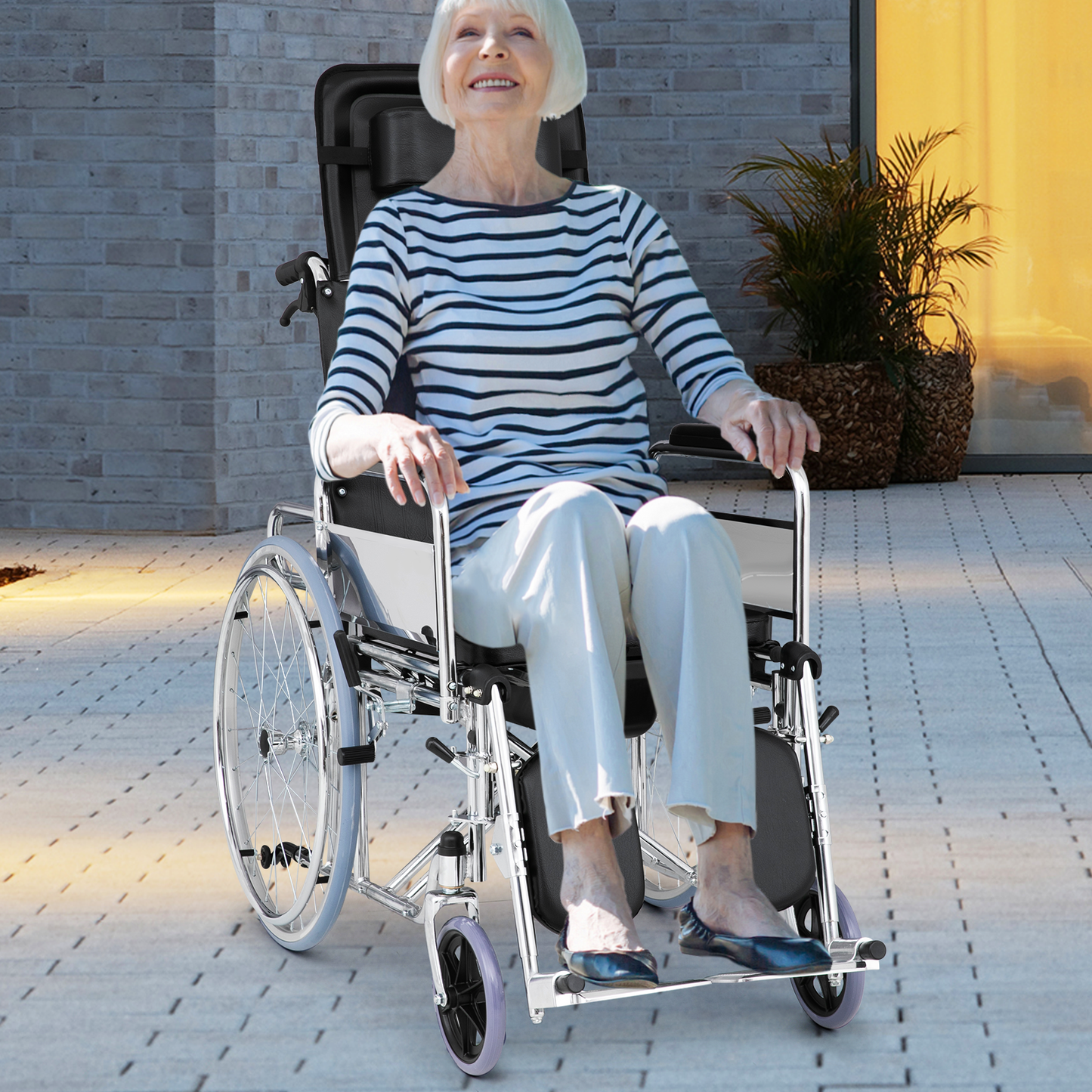High BackWheelchair w/Commode - Steel Frame PVC with Foam Seat - 95°-180° Adjustable Backrest - 17.5*17'' Seat Size