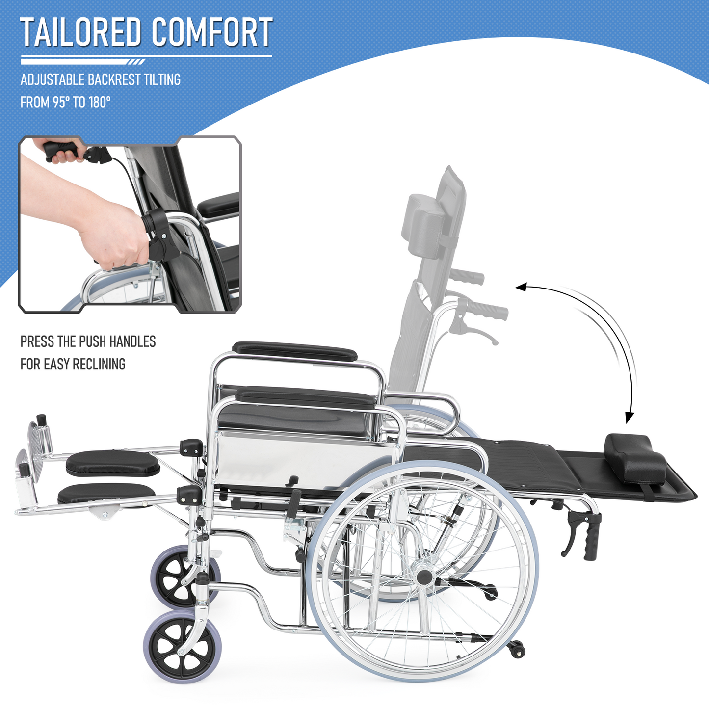High BackWheelchair w/Commode - Steel Frame PVC with Foam Seat - 95°-180° Adjustable Backrest - 17.5*17'' Seat Size