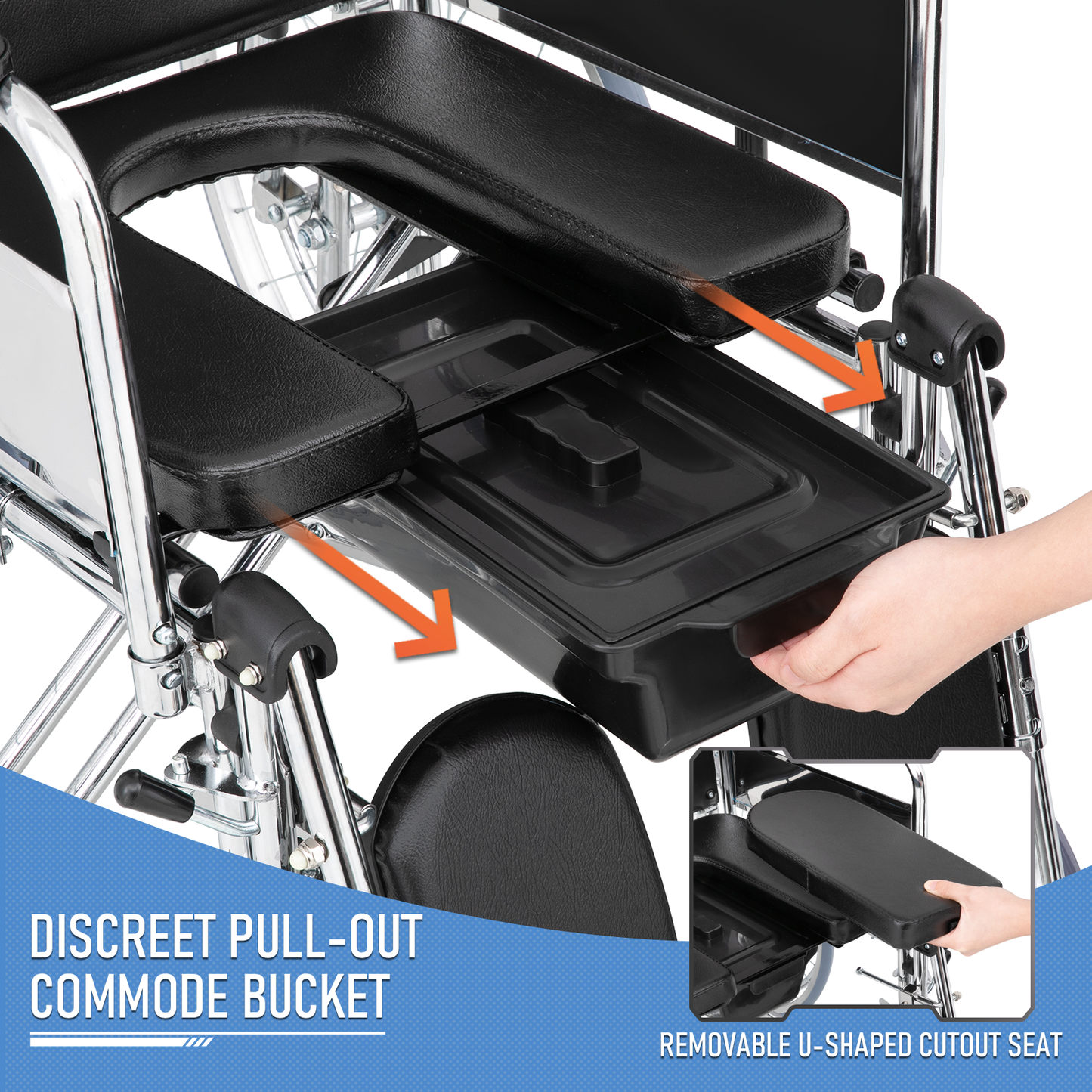 High BackWheelchair w/Commode - Steel Frame PVC with Foam Seat - 95°-180° Adjustable Backrest - 17.5*17'' Seat Size
